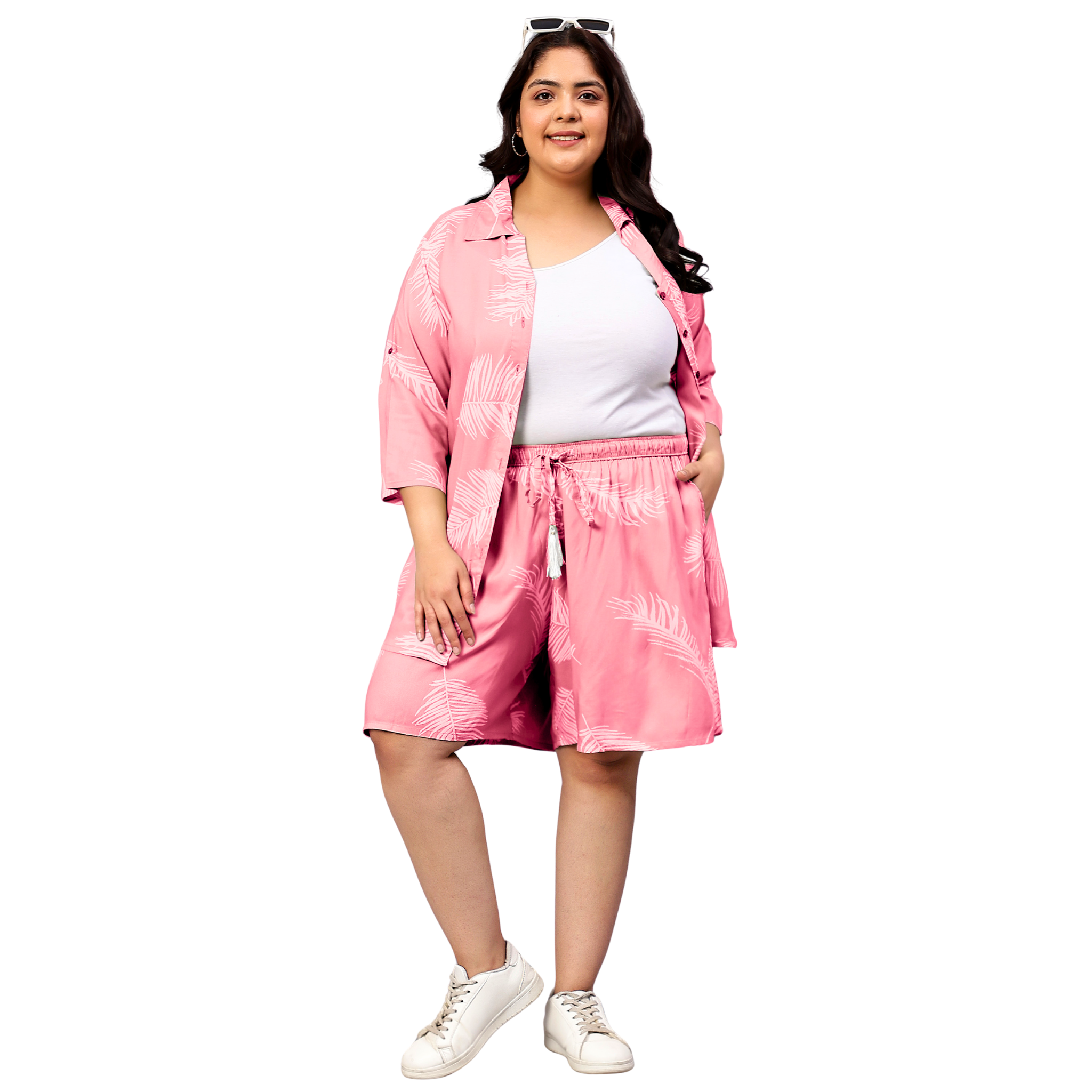 Pink Leaf Plus Size Flared Shorts