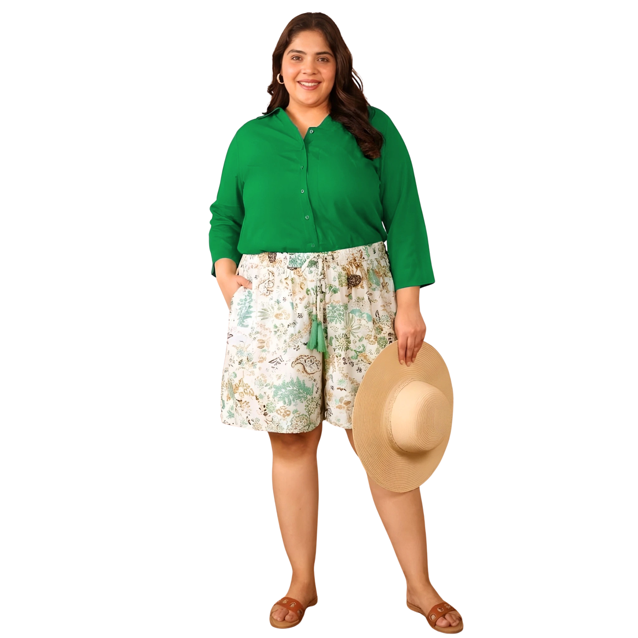 Green Solid Shirt and Floral Print Shorts Set