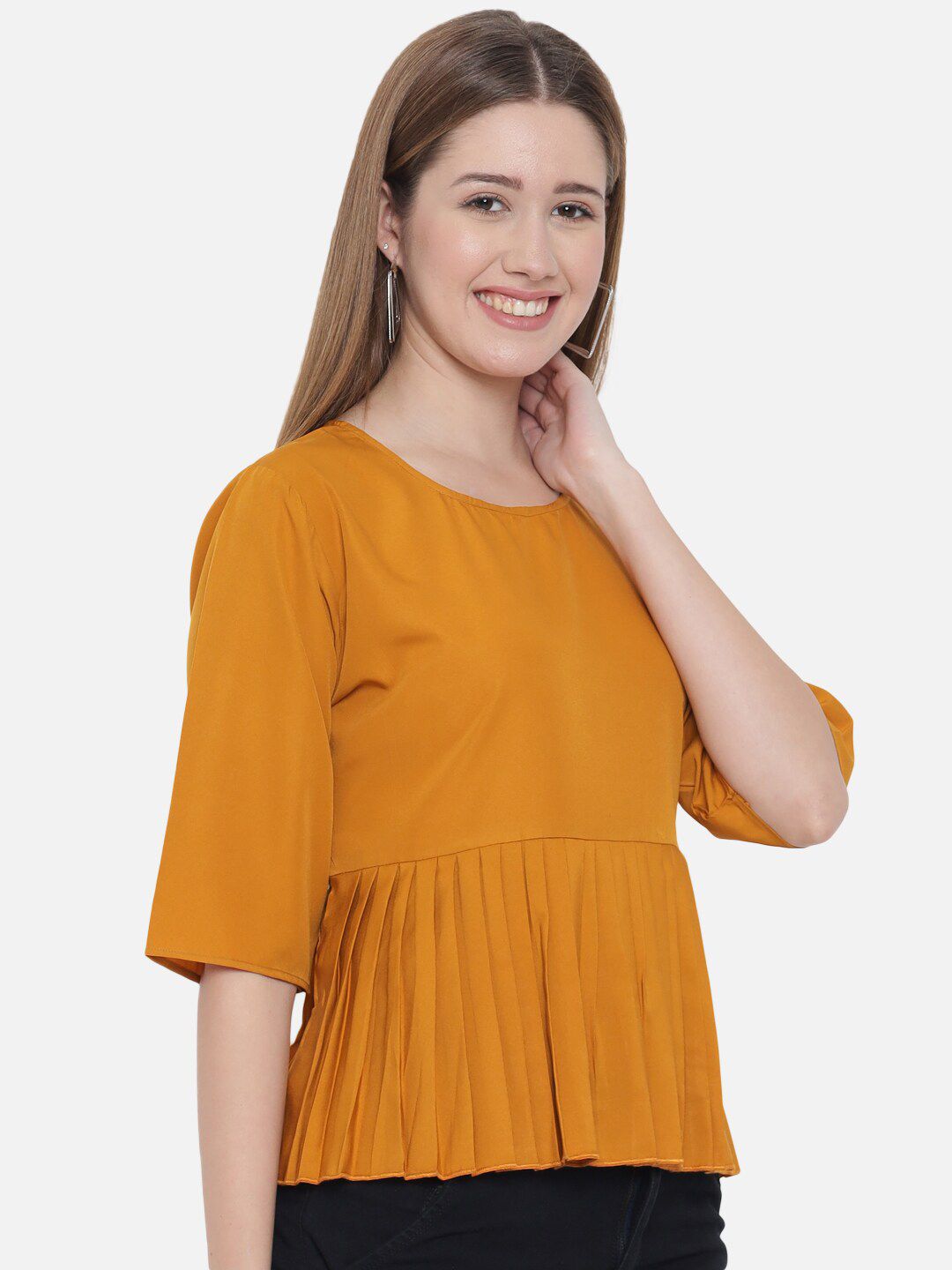 Mustard Solid Waist Pleated Top — view 9