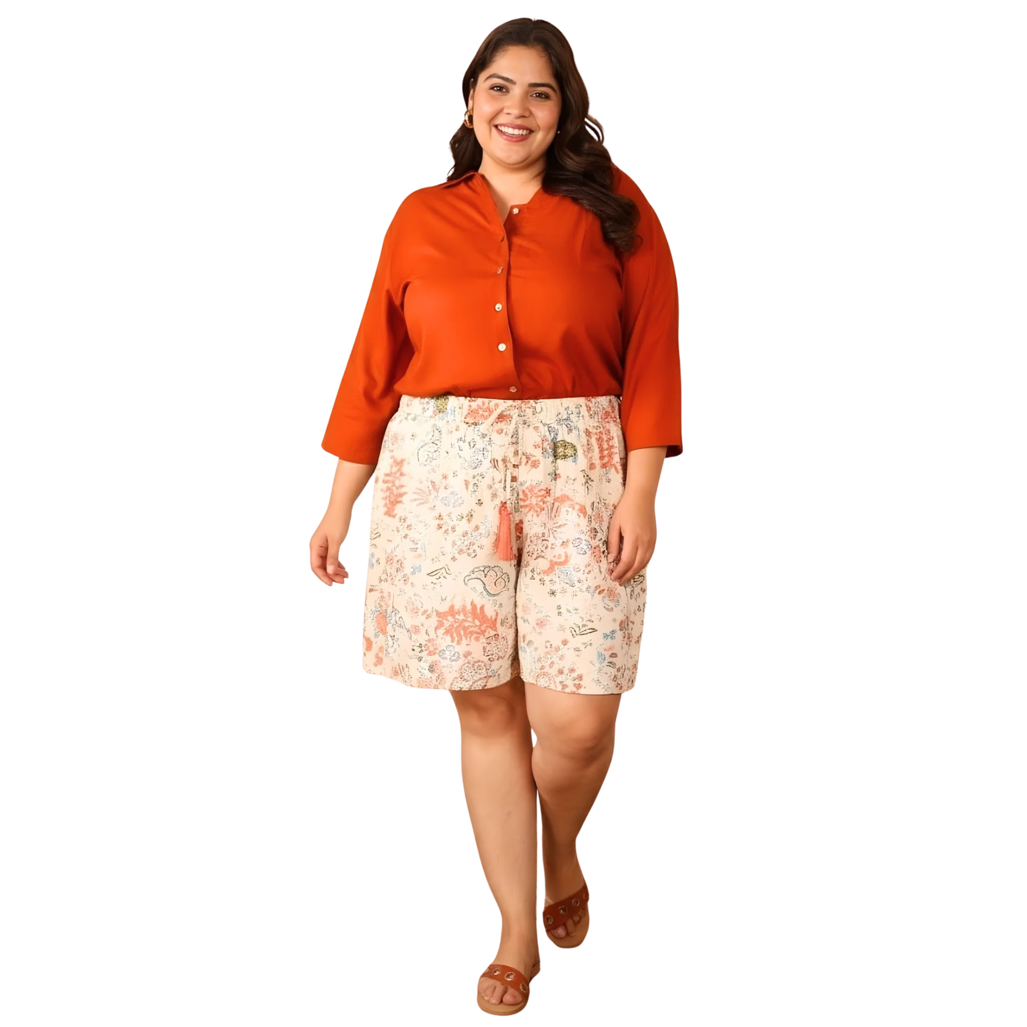 Orange Solid Shirt and Floral Print Shorts Set
