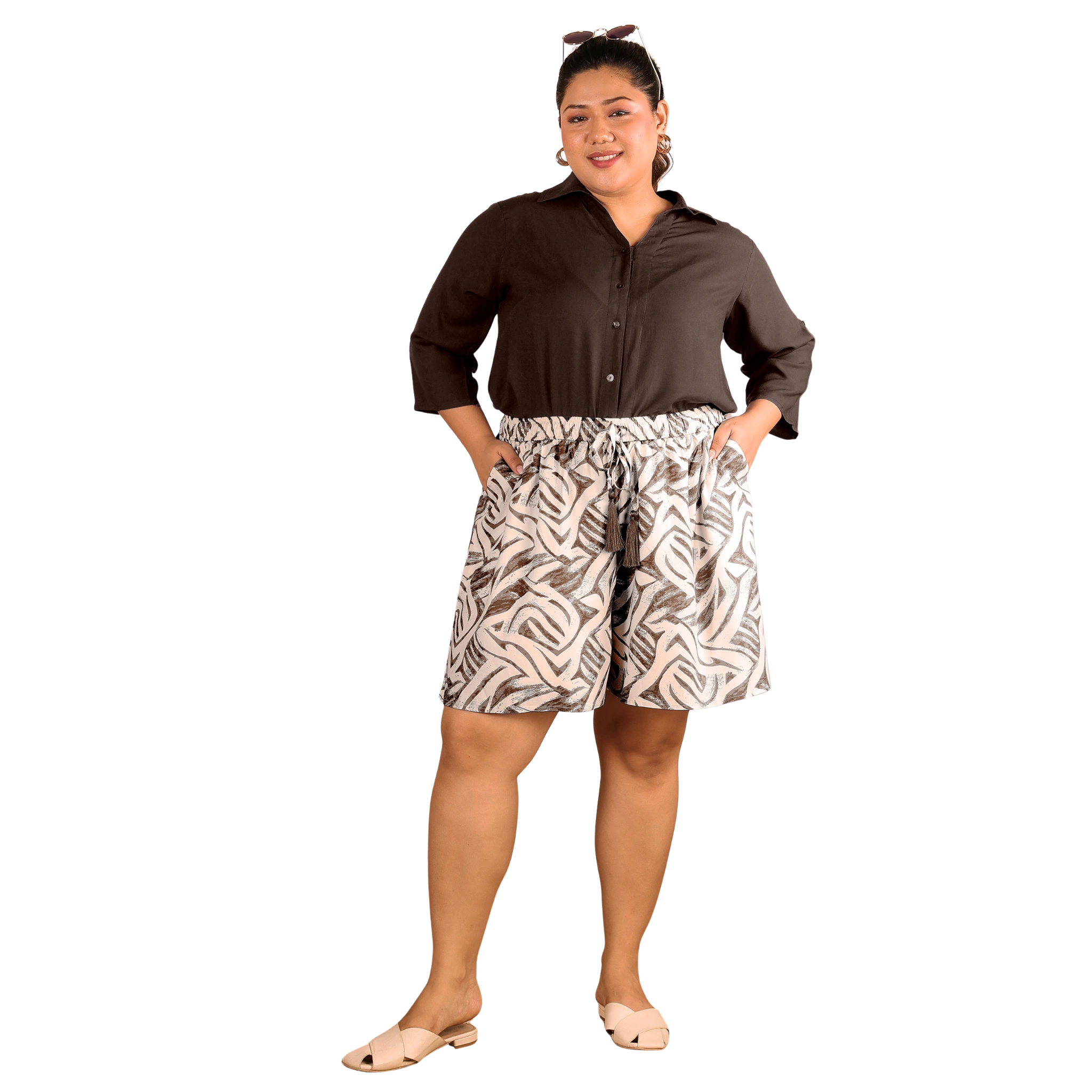 Brown Abstract Print Plus Size Shorts