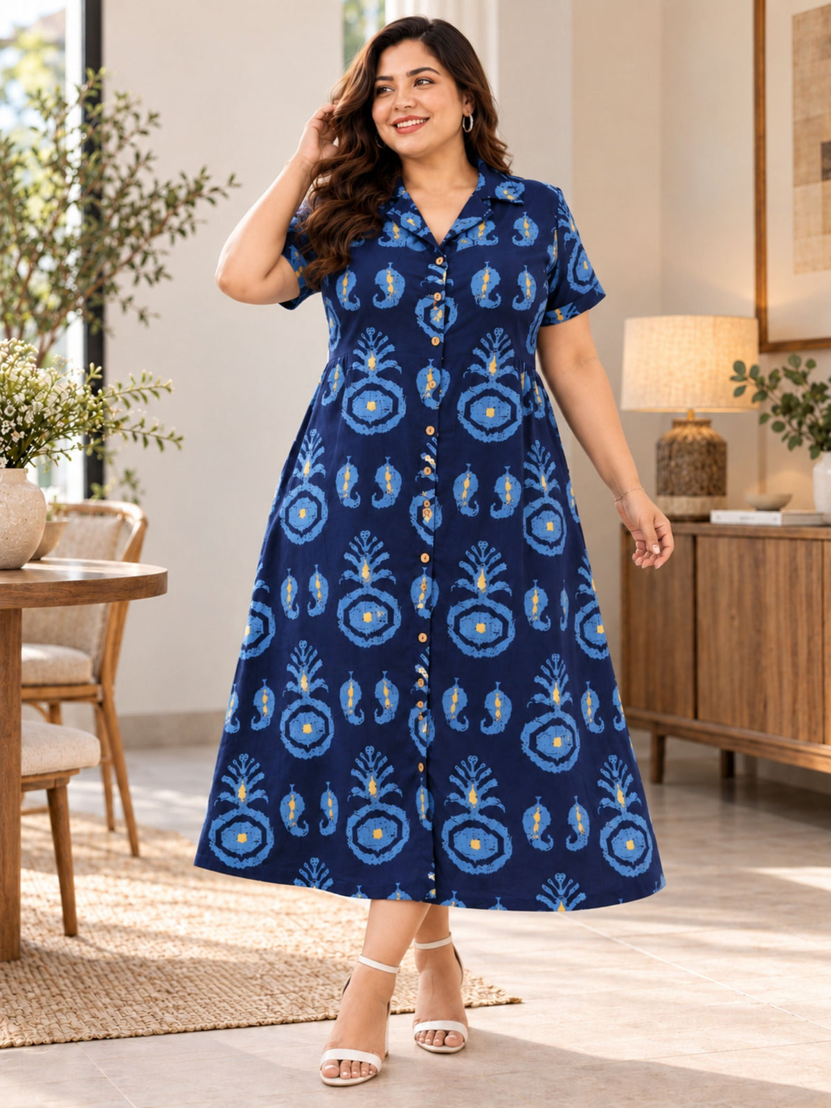 Blue Motif Print Midi Sleeve Dress