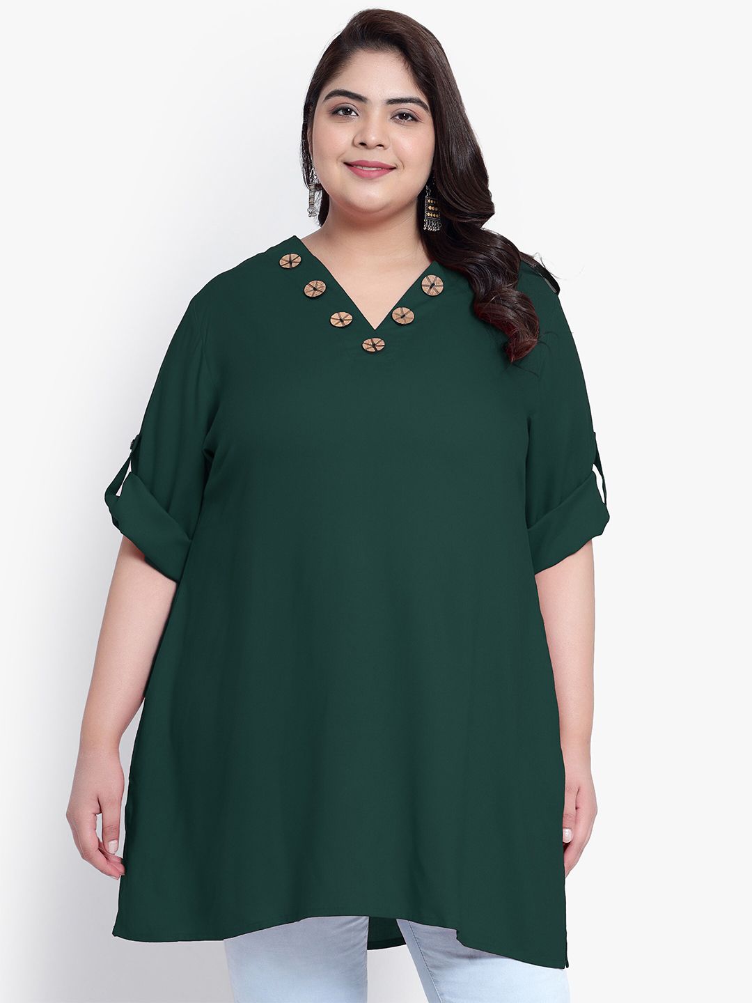 Green Collar Button Plus Size Tunic — view 1