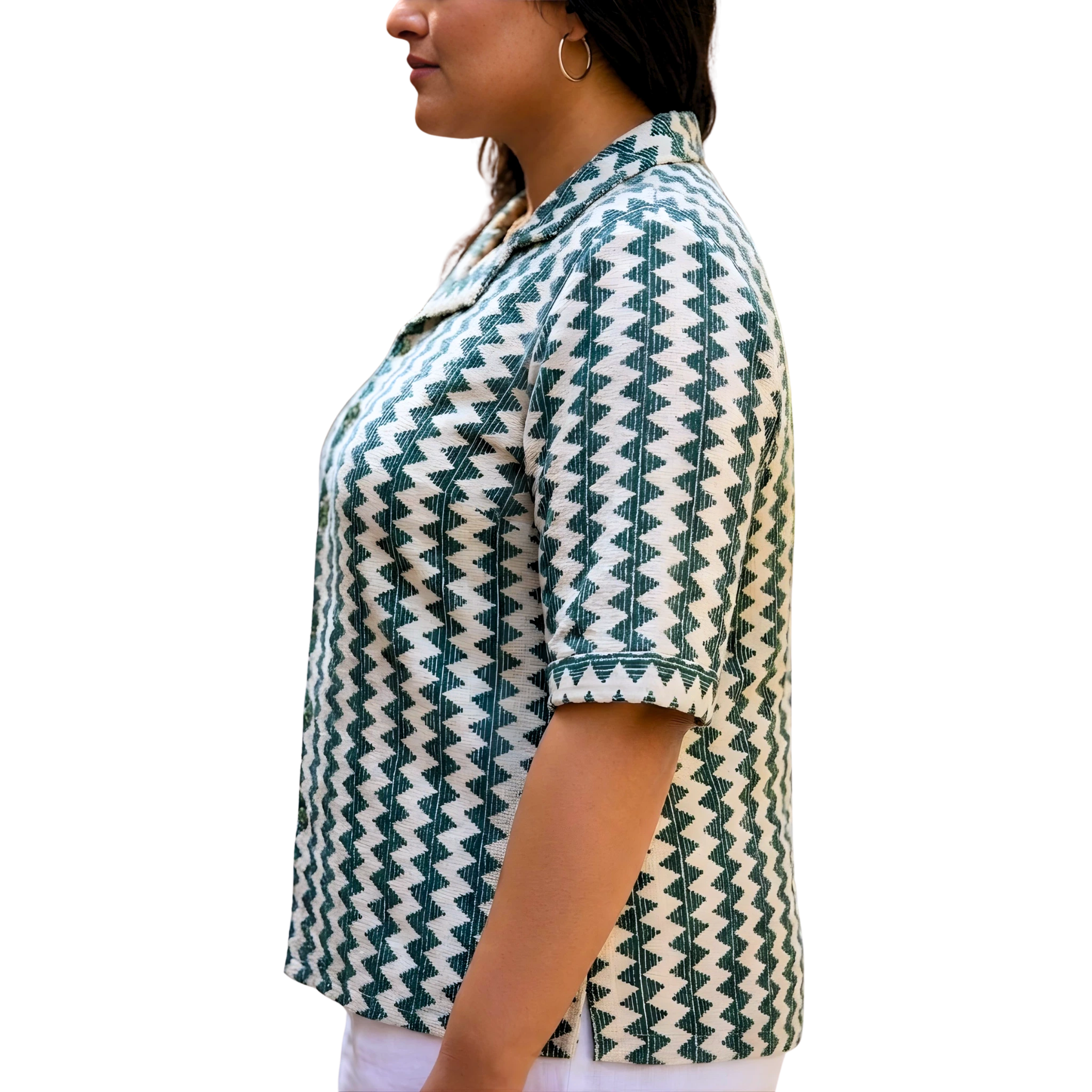 Green and White Zigzag Crochet Shirt