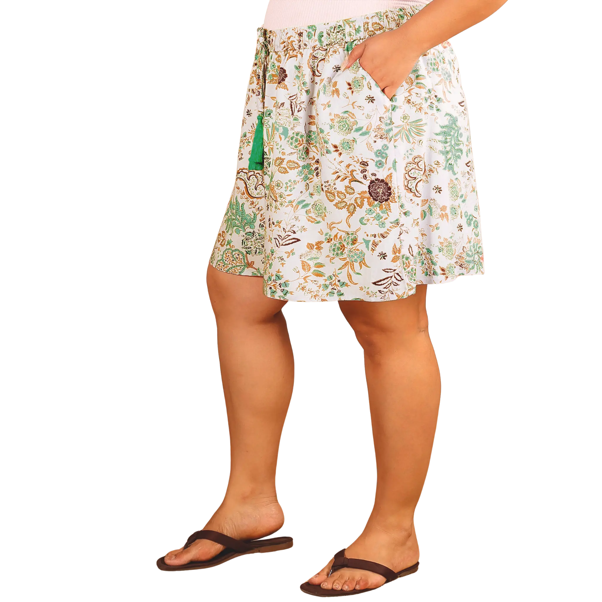 Green Floral Print Plus Size Shorts