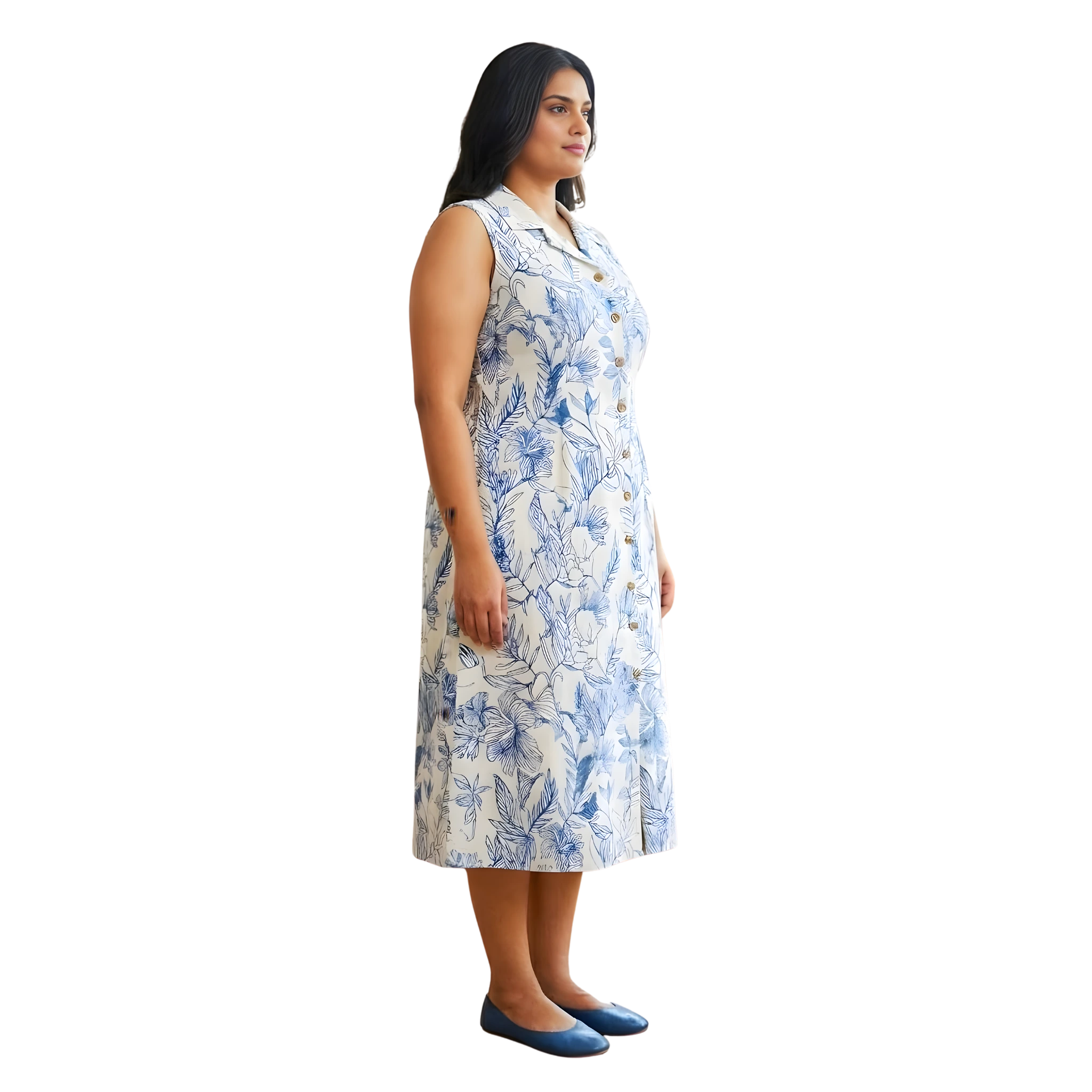 Blue Stencil Print Midi Dress
