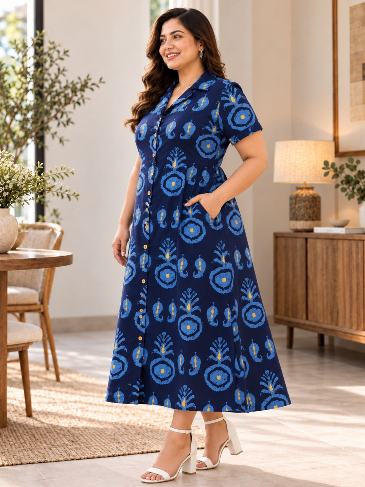 Blue Motif Print Midi Sleeve Dress