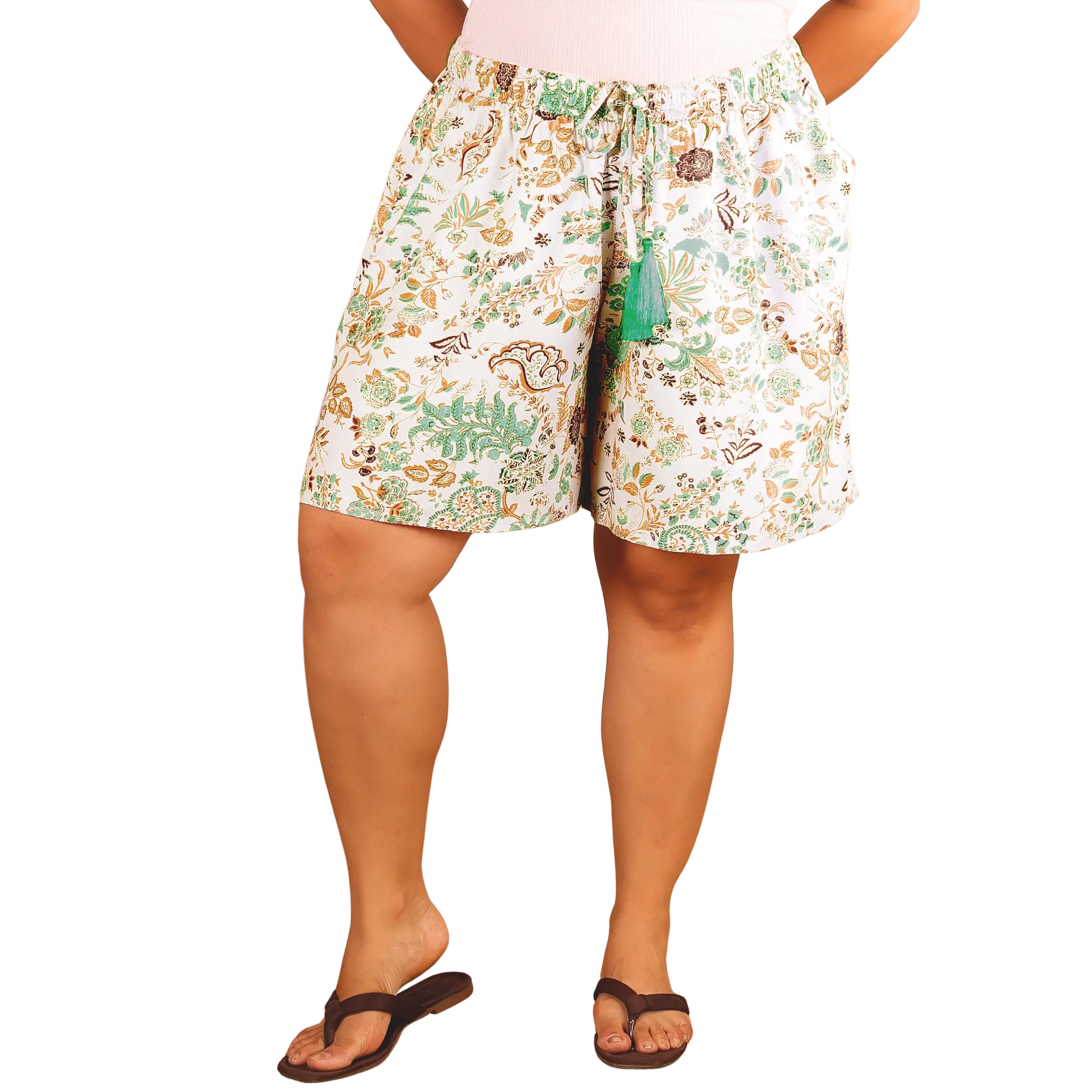 Green Floral Print Plus Size Shorts