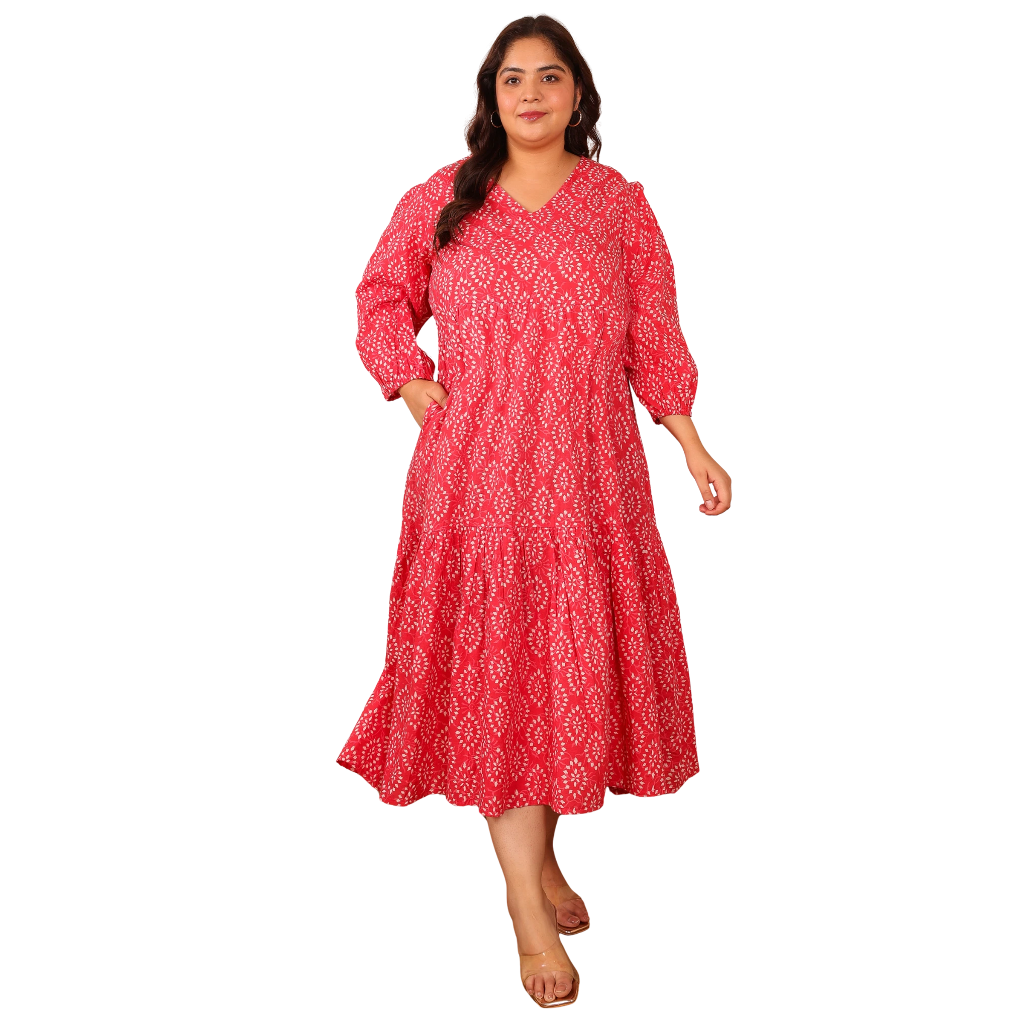 Pink Cotton Print Plus Size Dress
