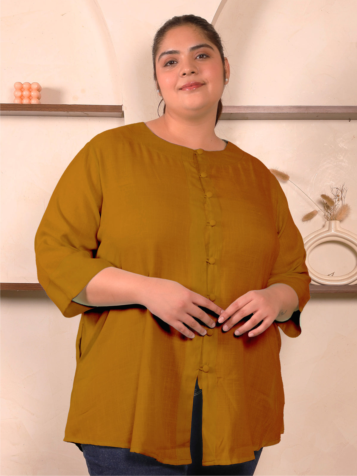 Mustard Cotton Linen Plus Size Tunic