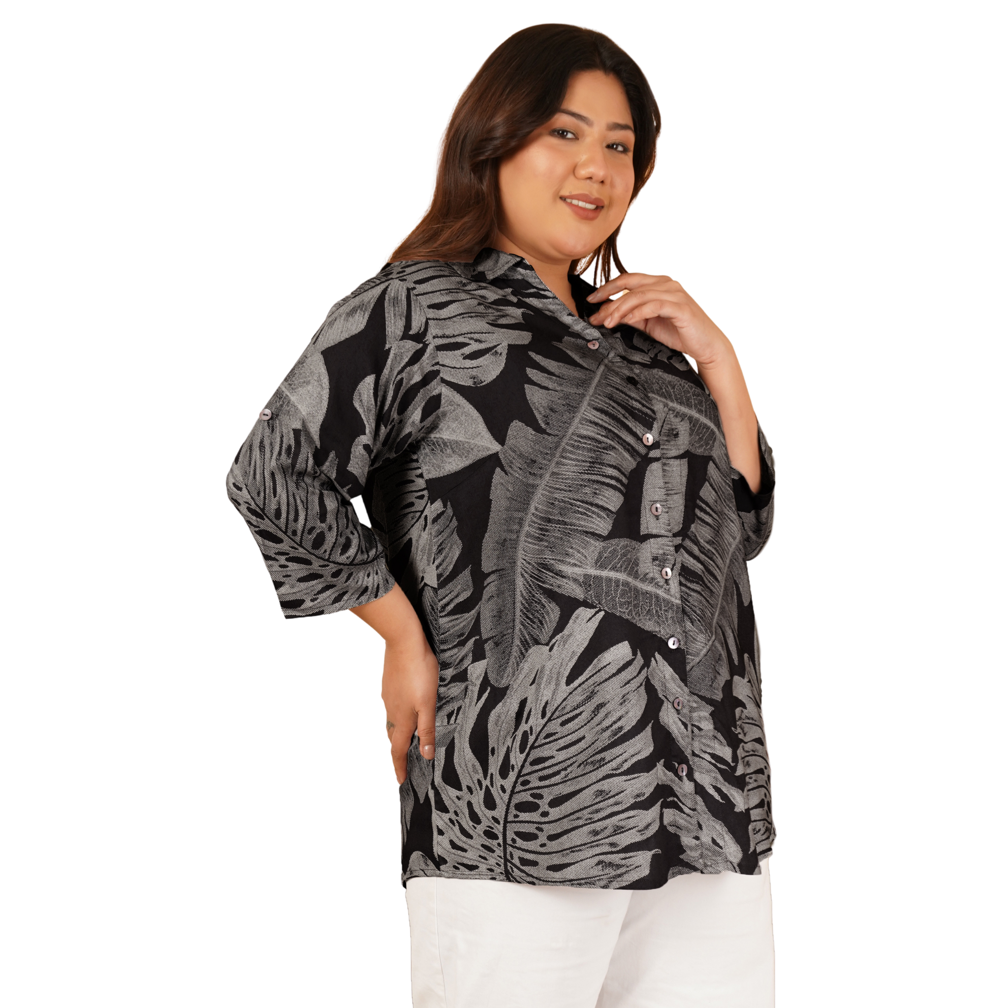 Black Leaf Print Plus Size Shirt