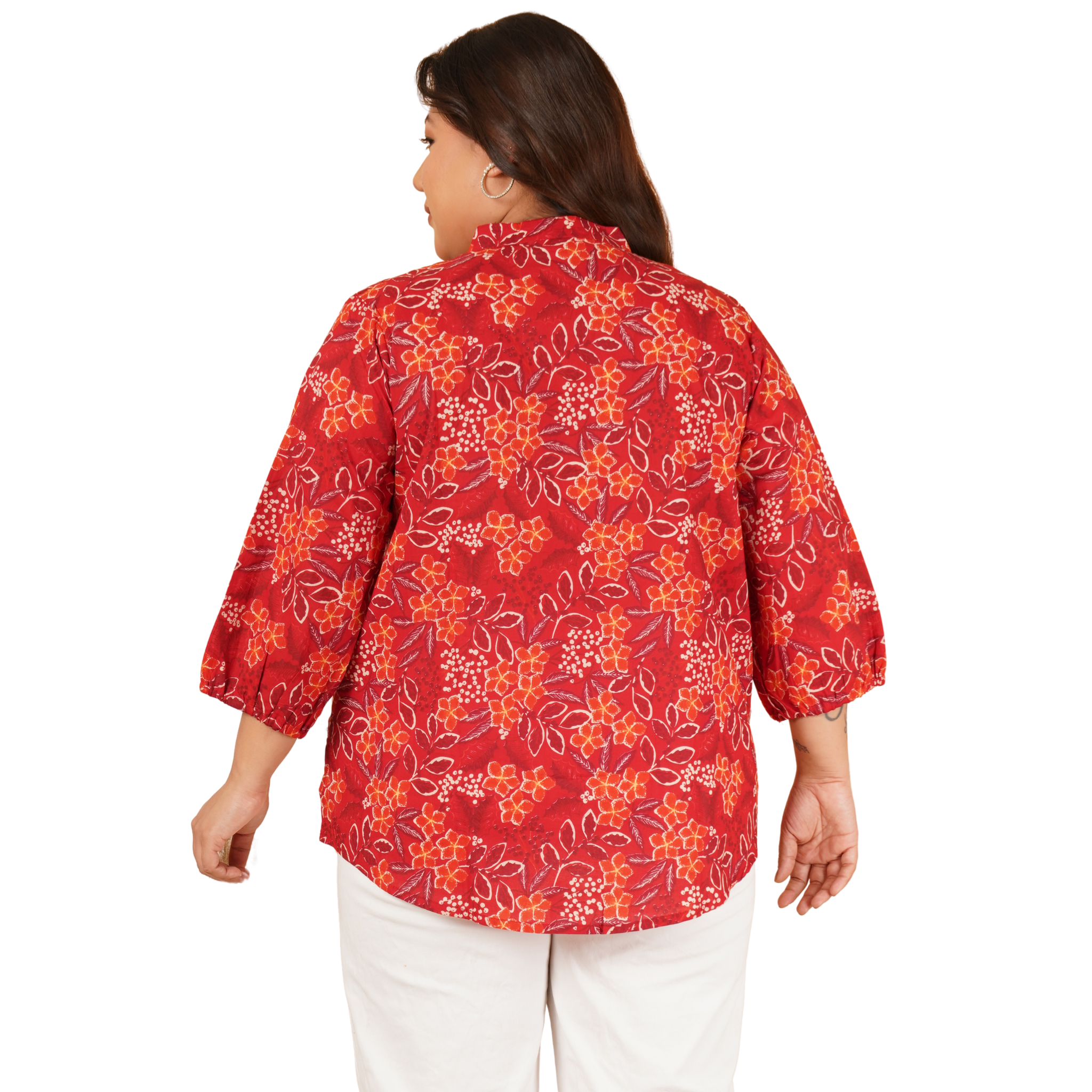 Red Floral Print Plus Size Lace Shirt