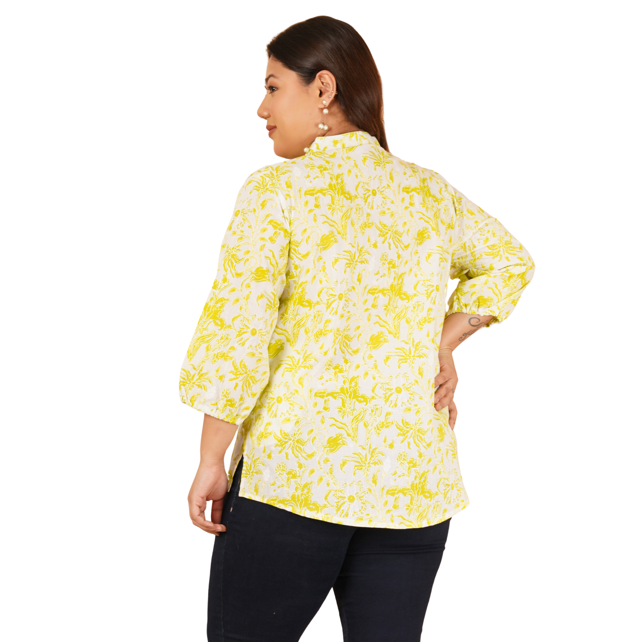 Yellow Print Plus Size Lace Shirt