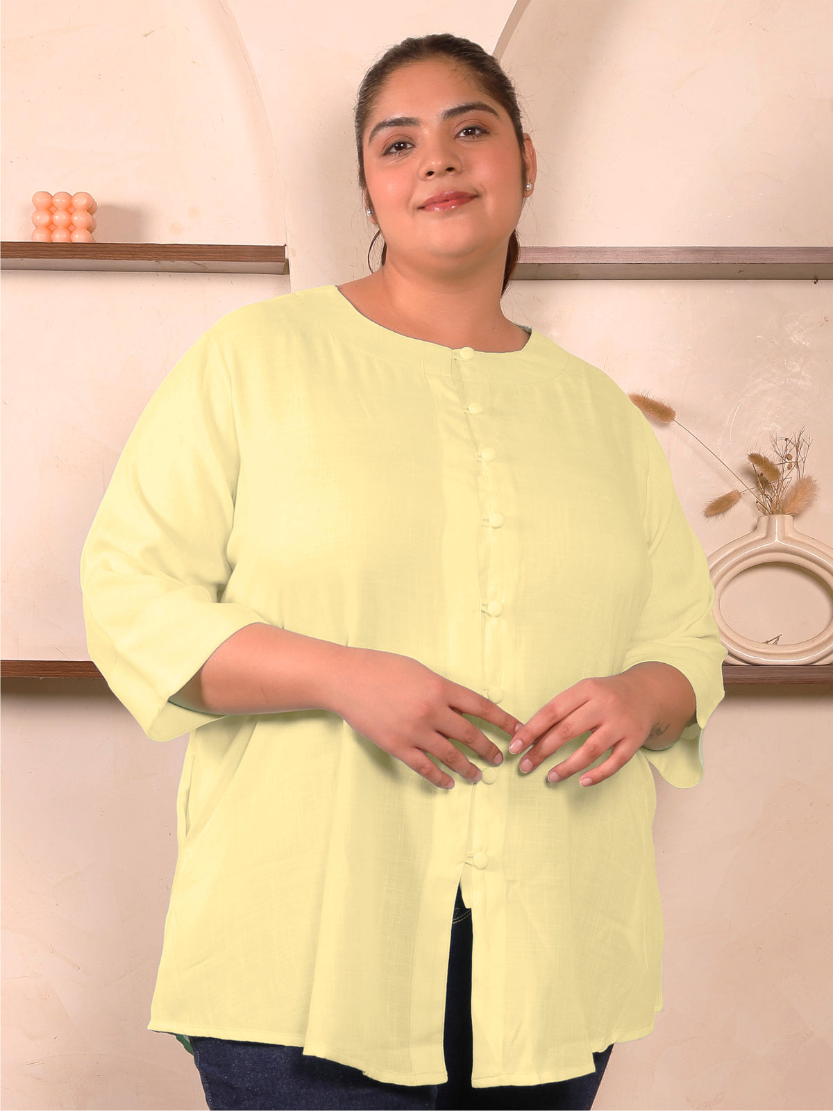 Yellow Cotton Linen Plus Size Tunic