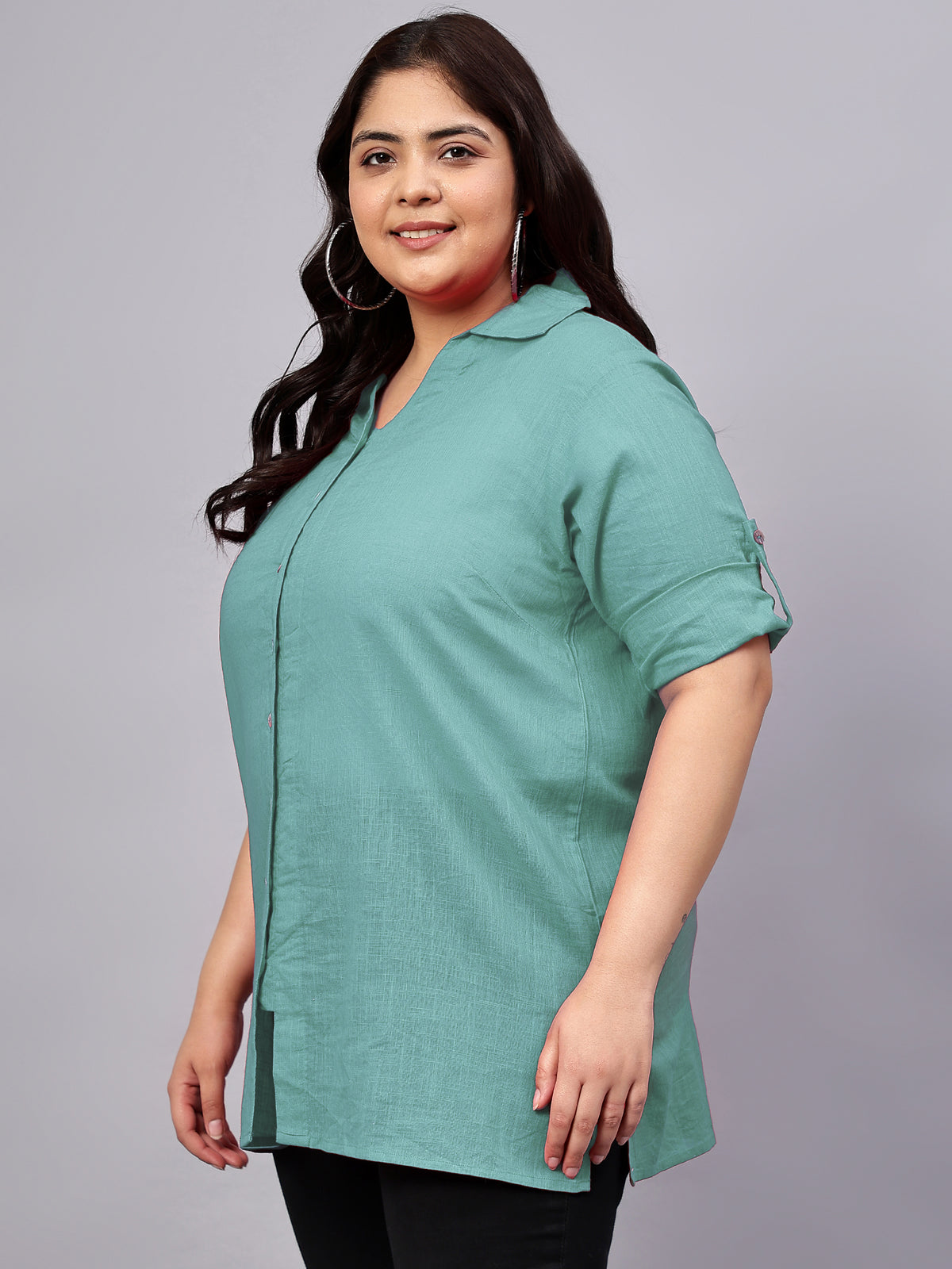 Blue Cotton Longline Plus Size Shirt