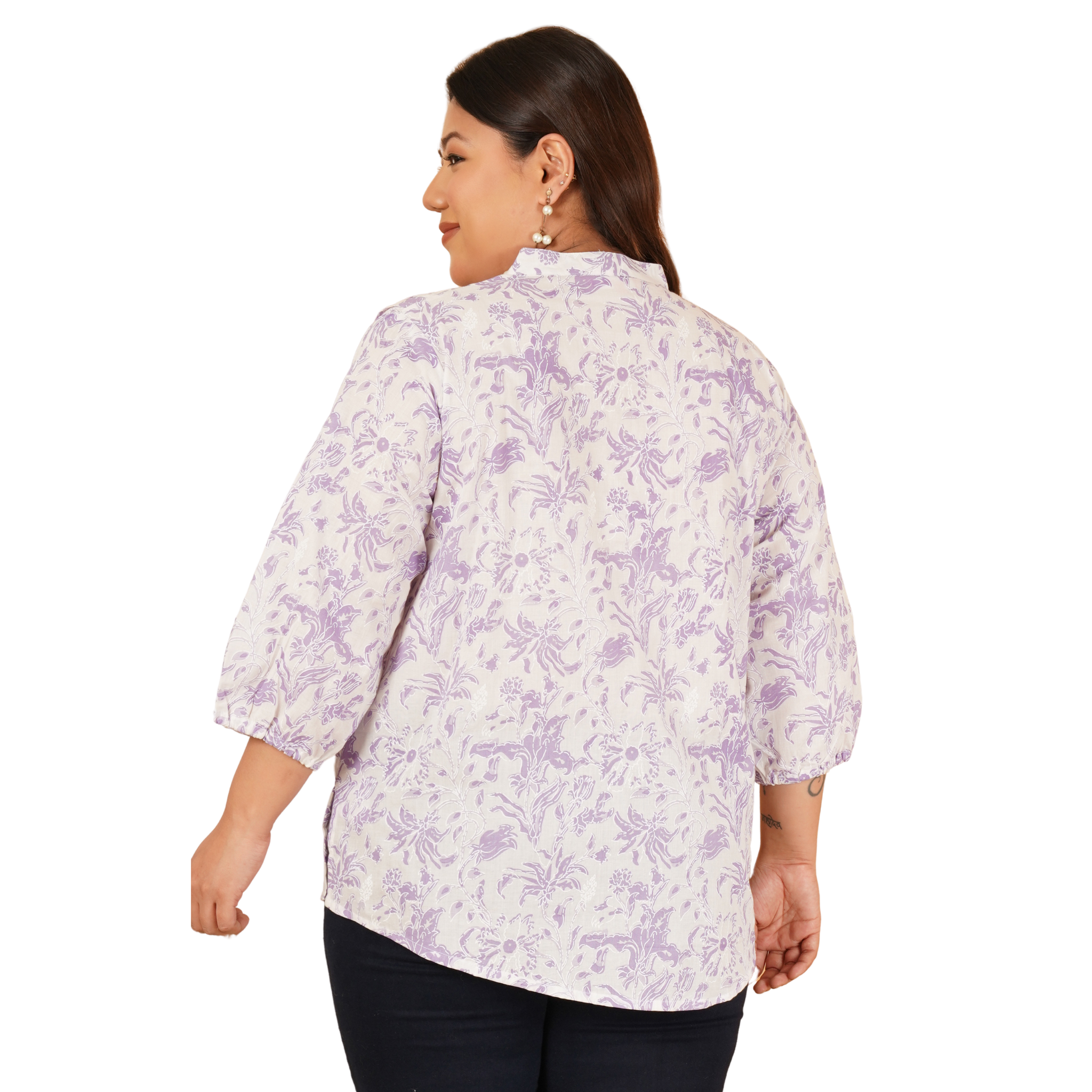 Purple Print Plus Size Lace Shirt