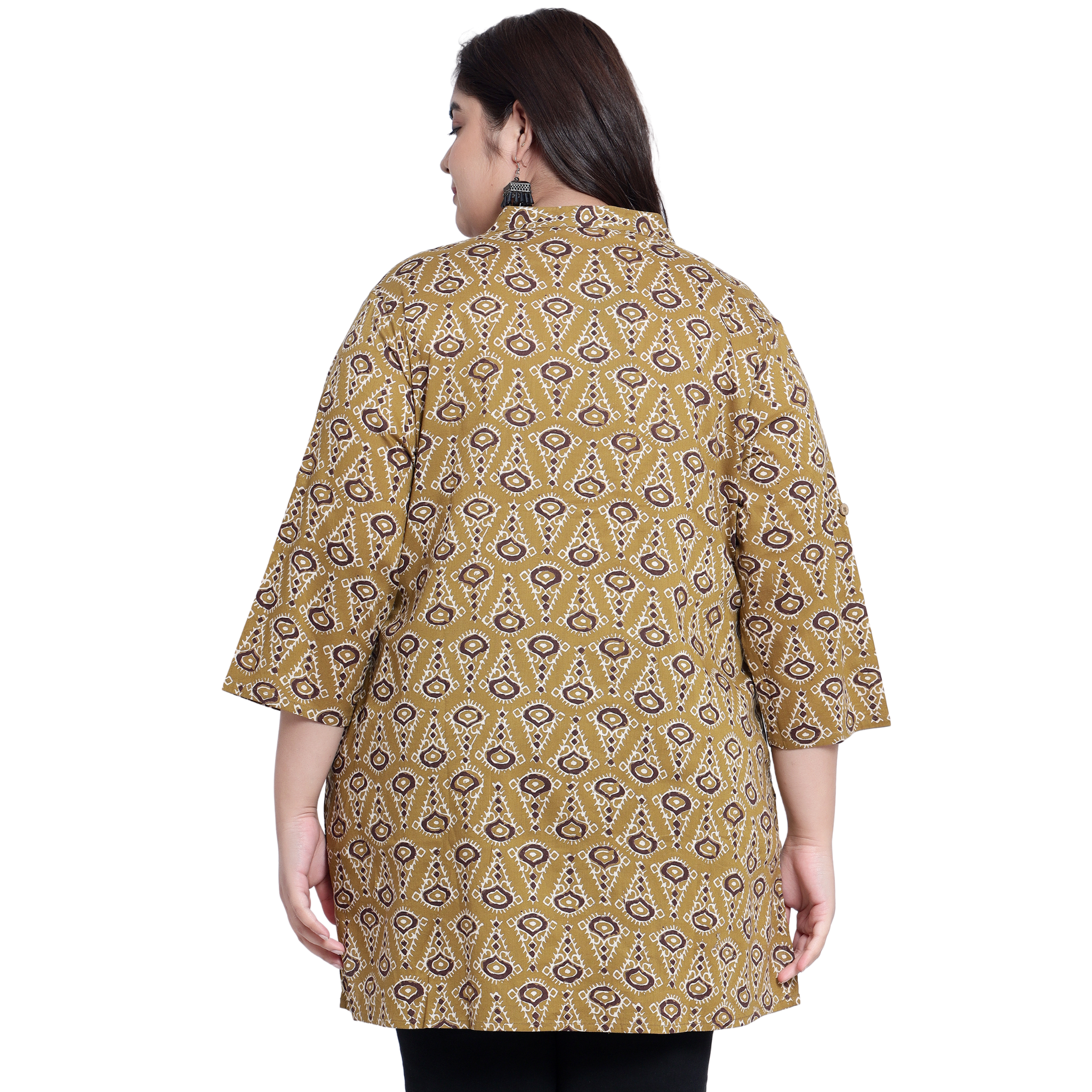 Mustard Geometric Print Pleat Plus Size Tunic