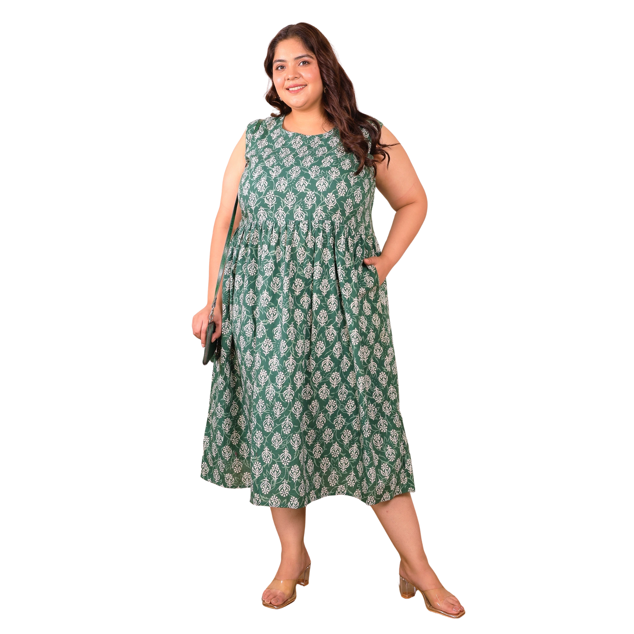 Green Geometric Print Cotton Plus Size Dress