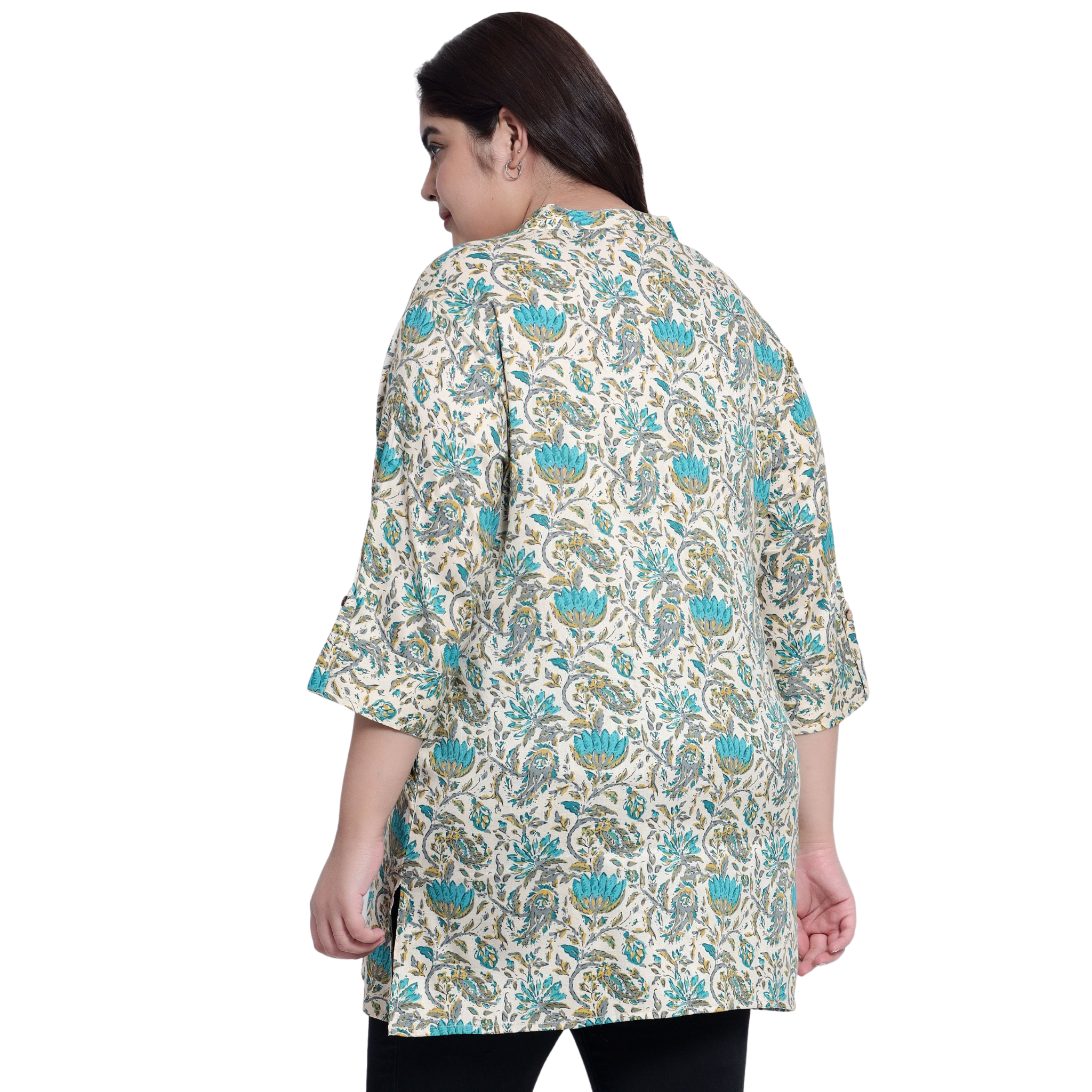 Green and Beige Floral Print Plus Size Tunic