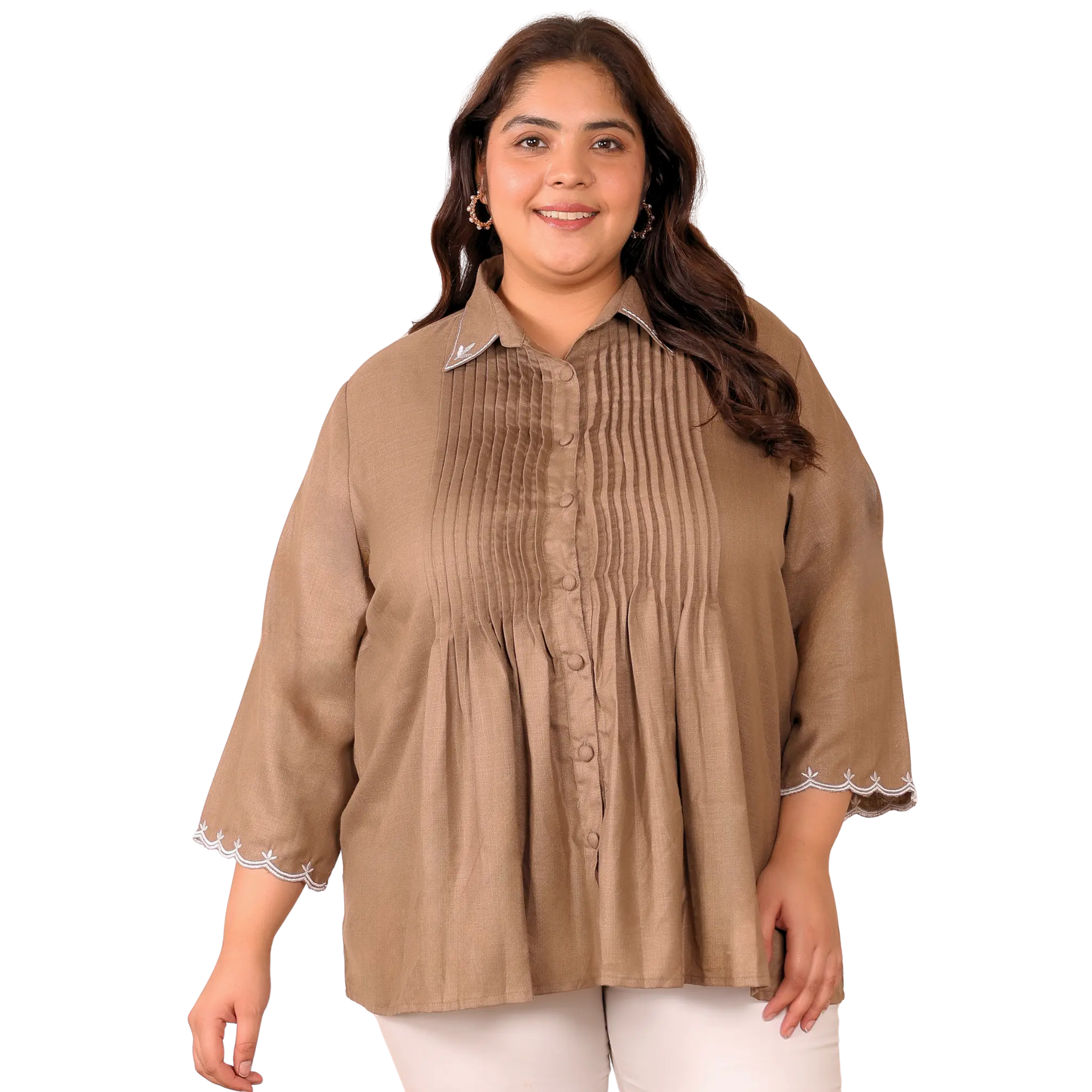 Brown Cotton Collar Embroidered Tunic