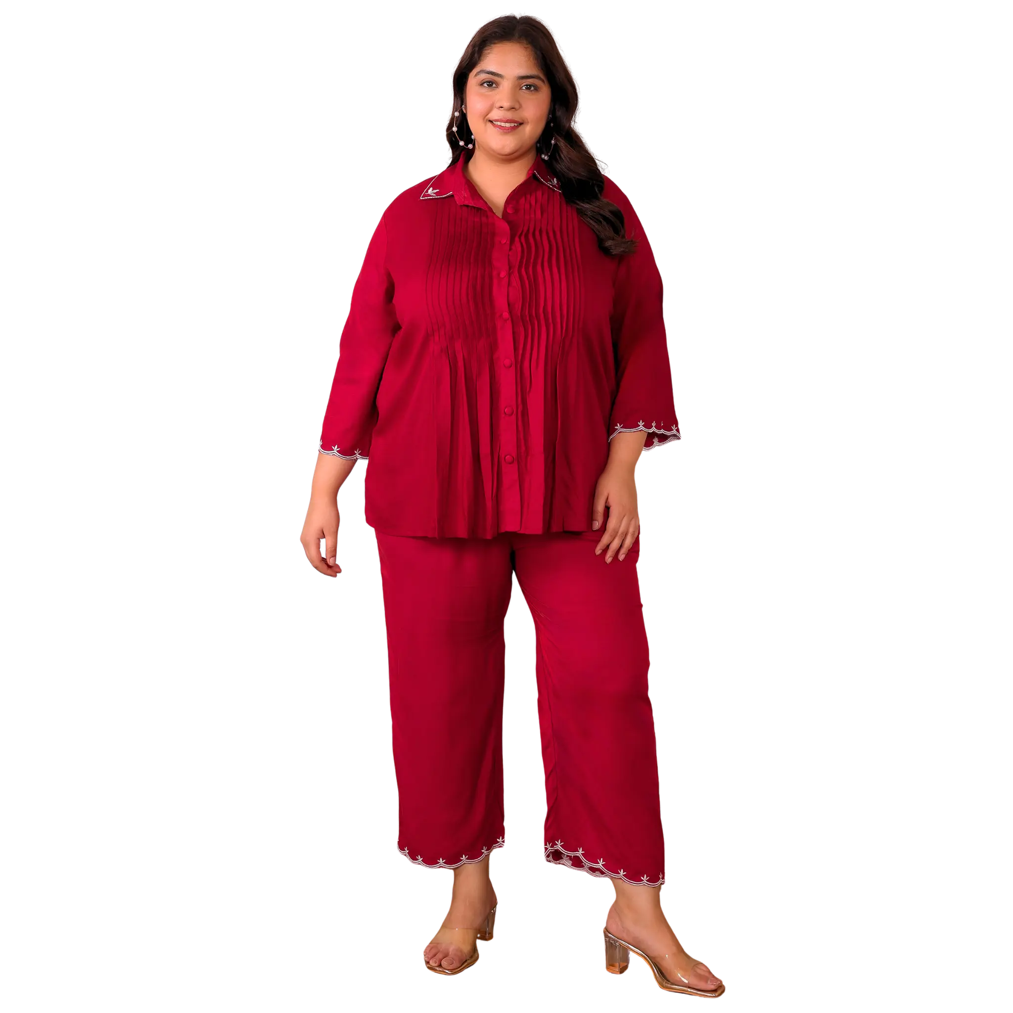 Red Rayon Collar Embroidered Co Ord Set