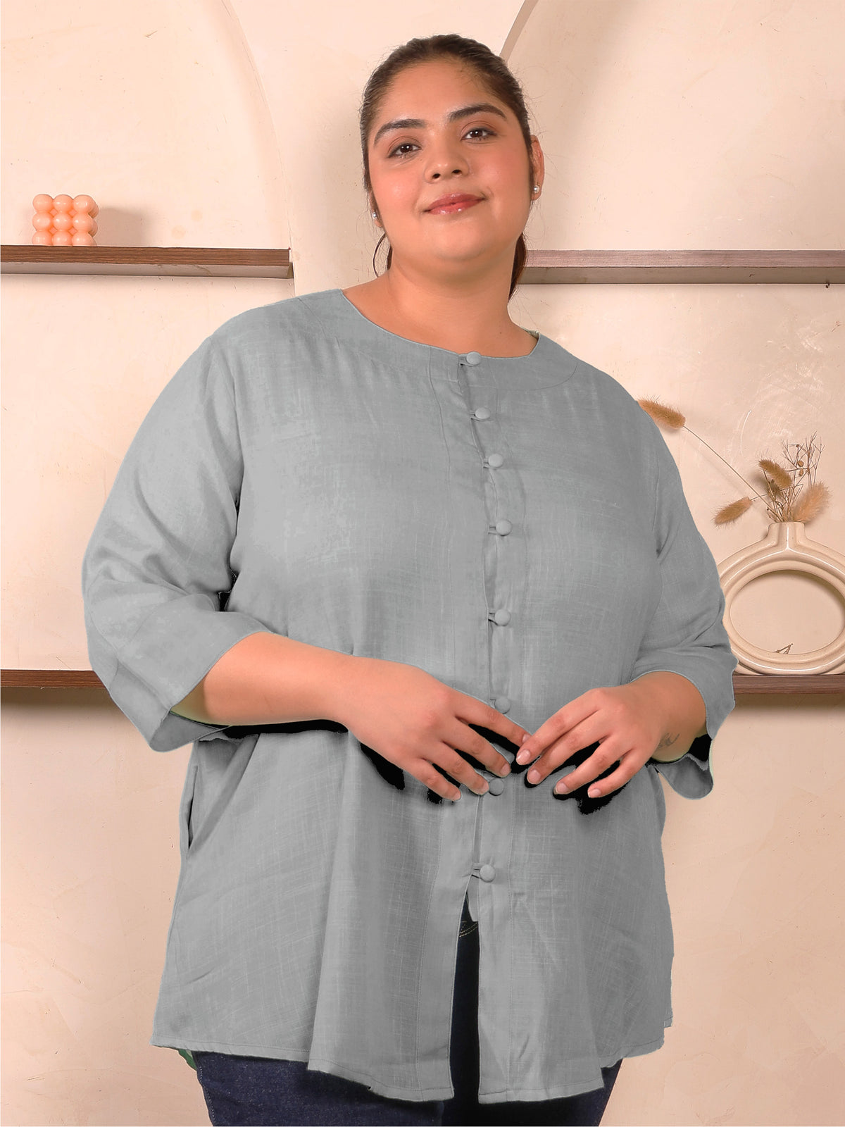 Grey Cotton Linen Plus Size Tunic