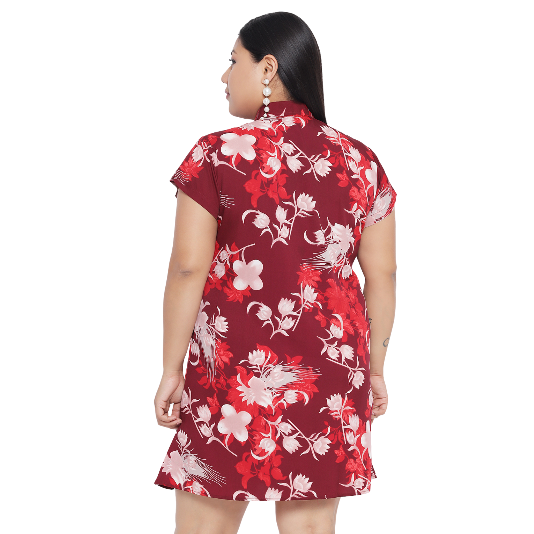 Maroon Floral Plus Size Shirt Dress