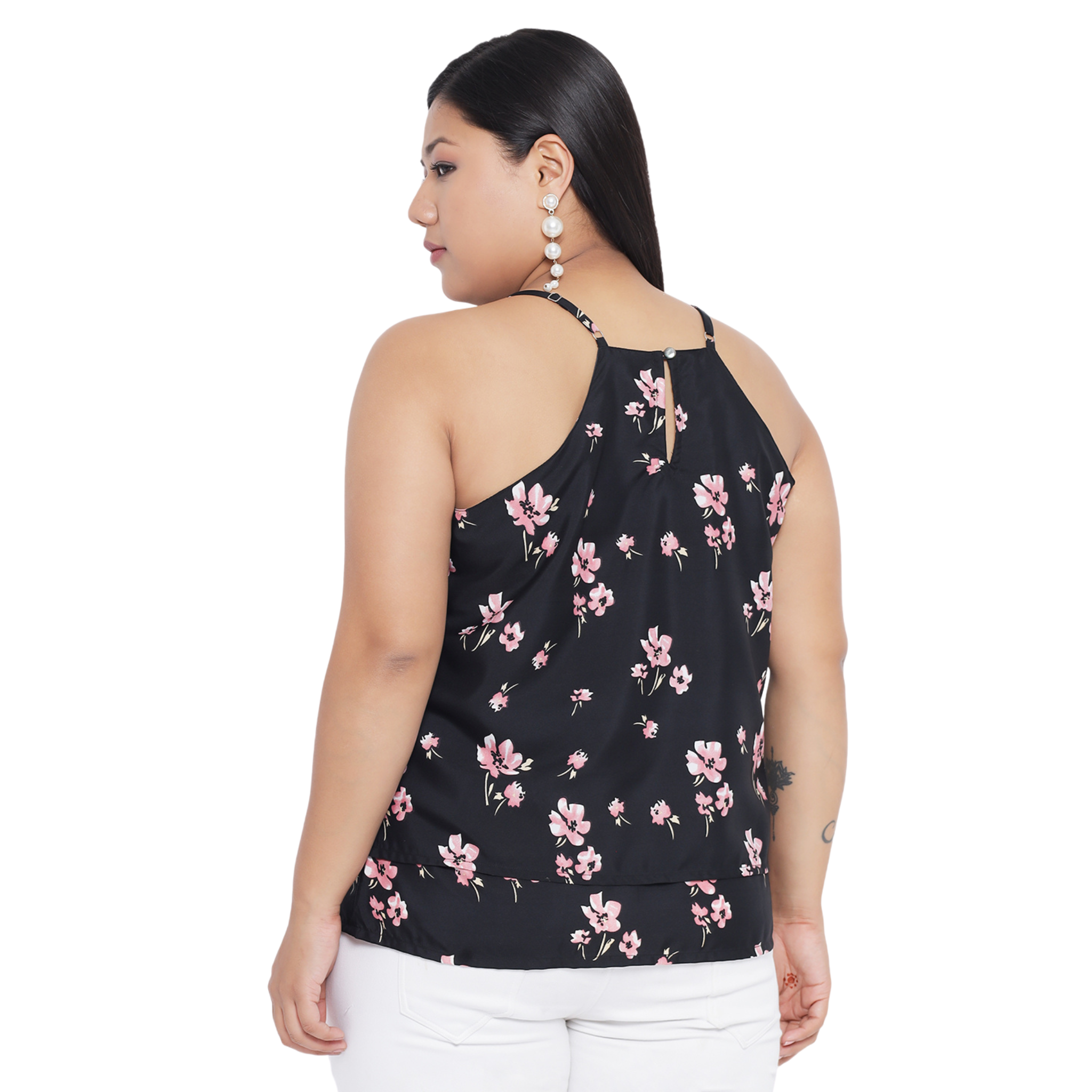 Black Floral Strap Plus Size Top