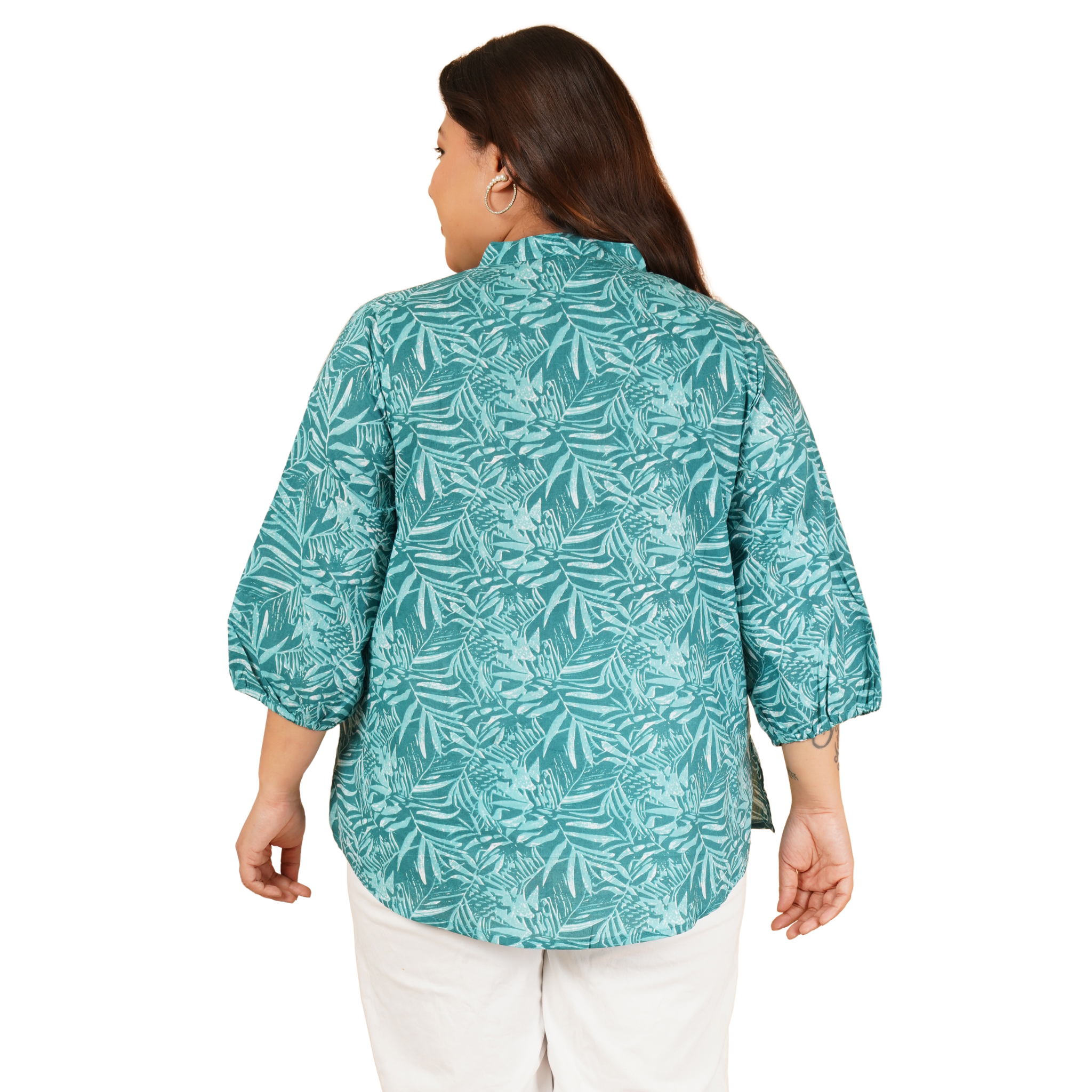 Green Leaf Print Plus Size Lace Shirt