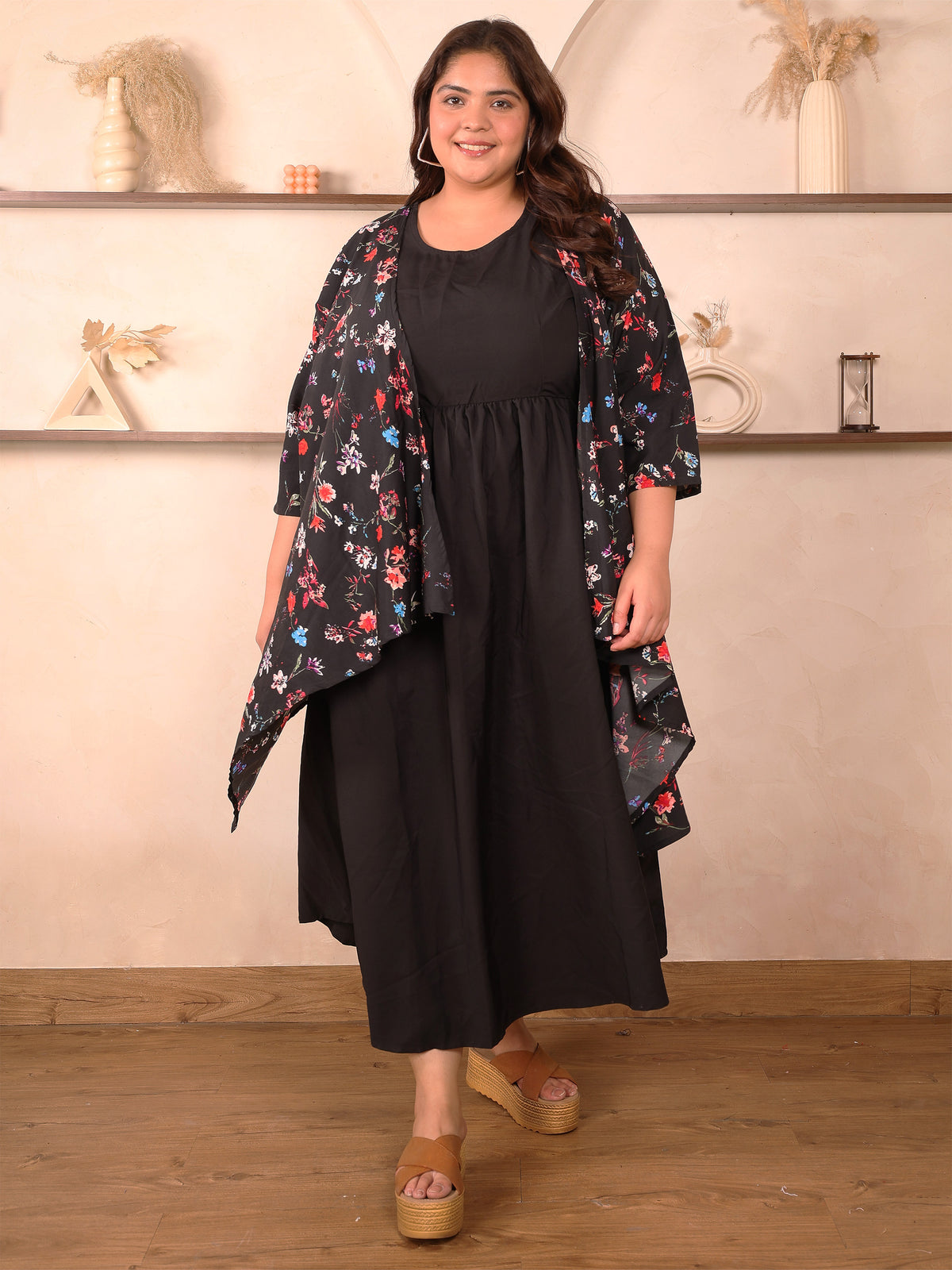 Black Floral Layered Maxi Plus Size Dress