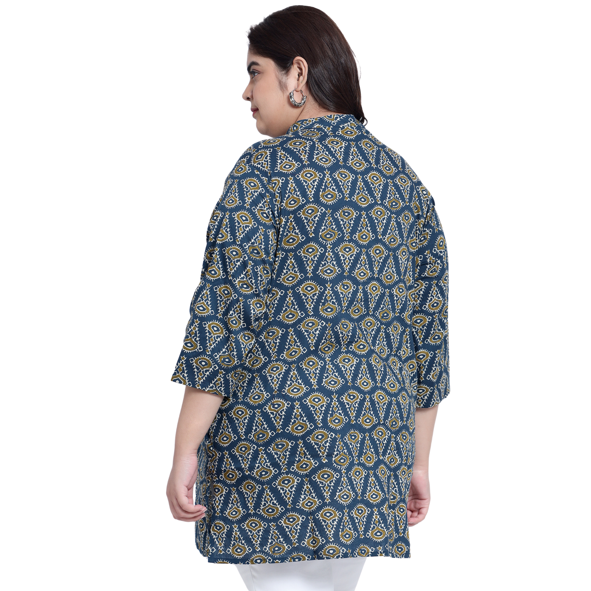 Blue Geometric Print Pleat Plus Size Tunic