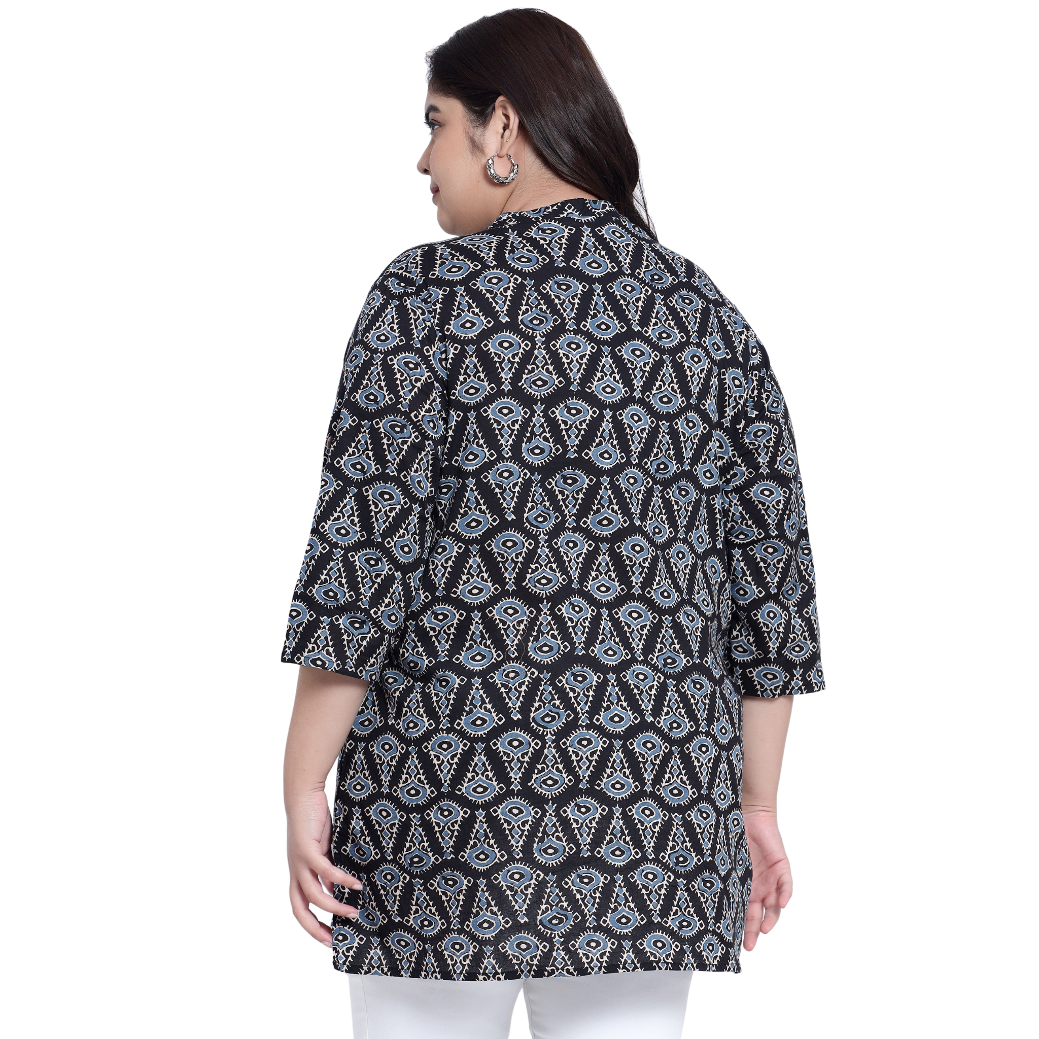 Black Geometric Print Pleat Plus Size Tunic