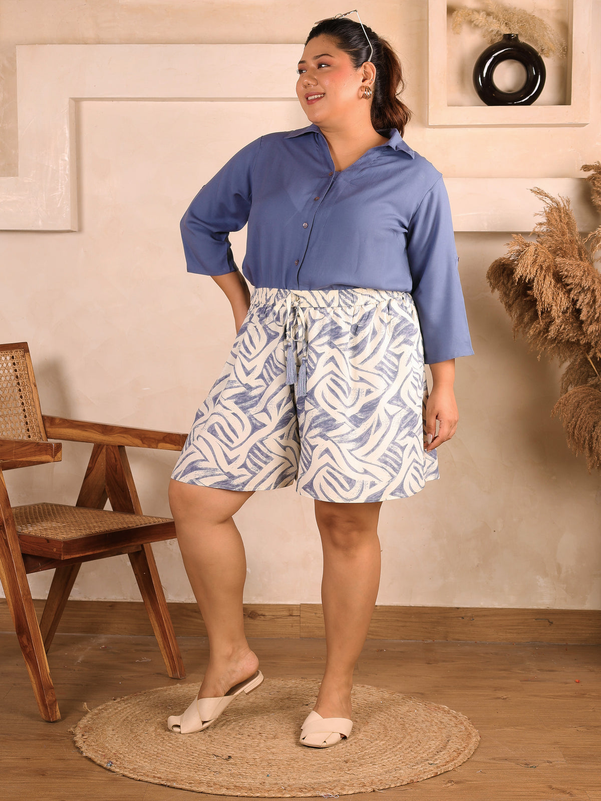 Blue Abstract Print Plus Size Shorts