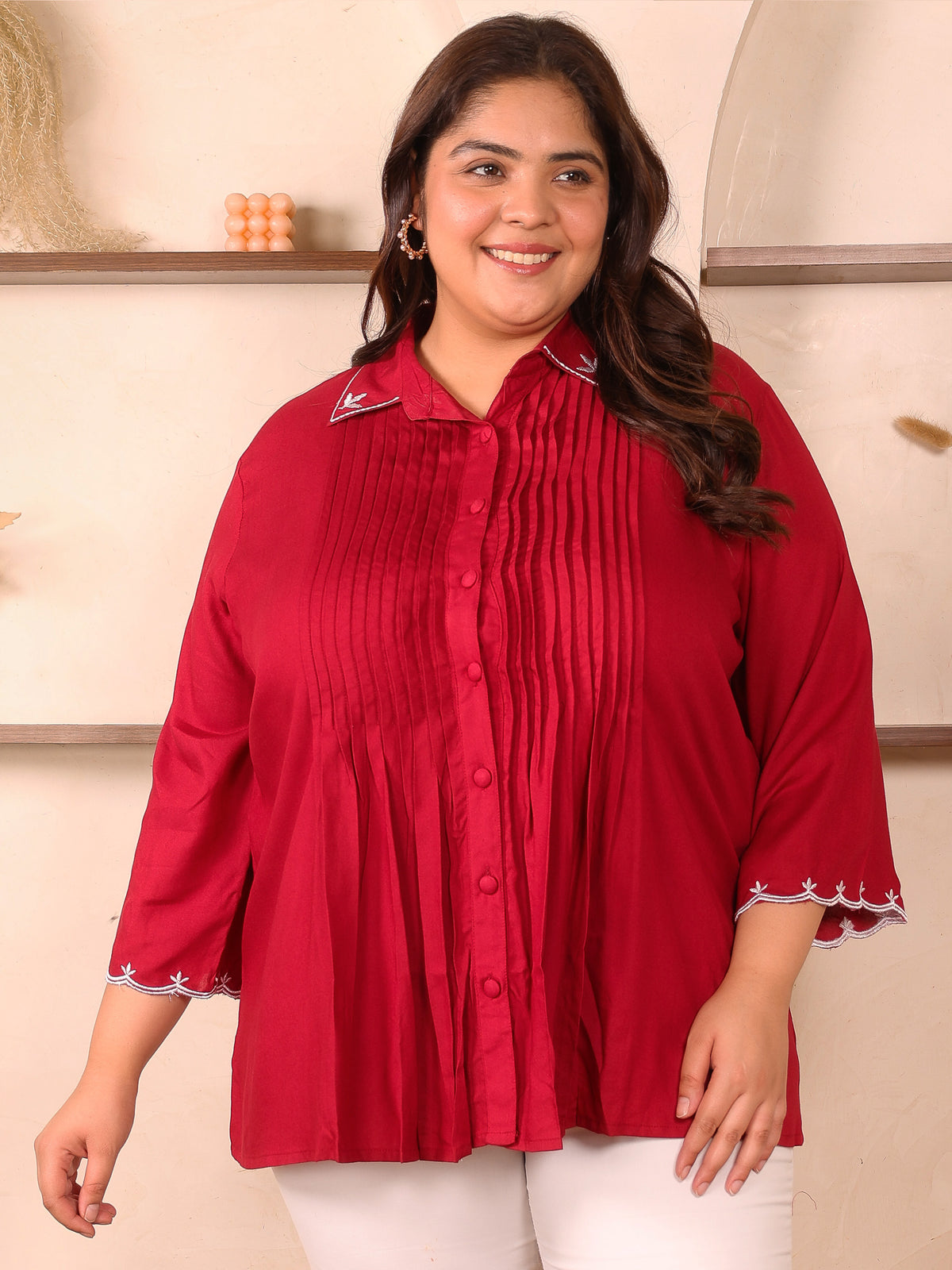 Red Rayon Collar Embroidered Tunic