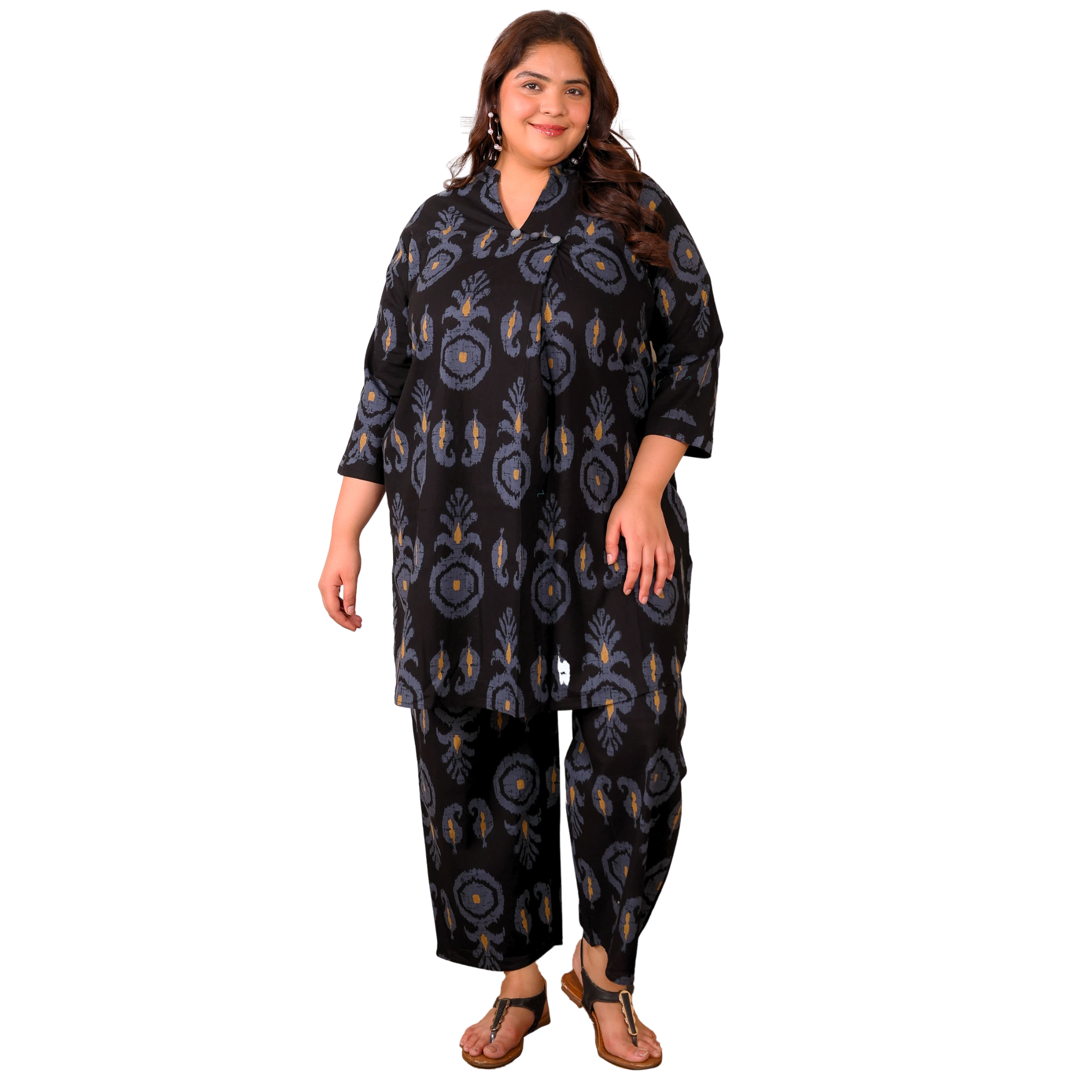 Black Cotton Print Plus Size Co Ord Set
