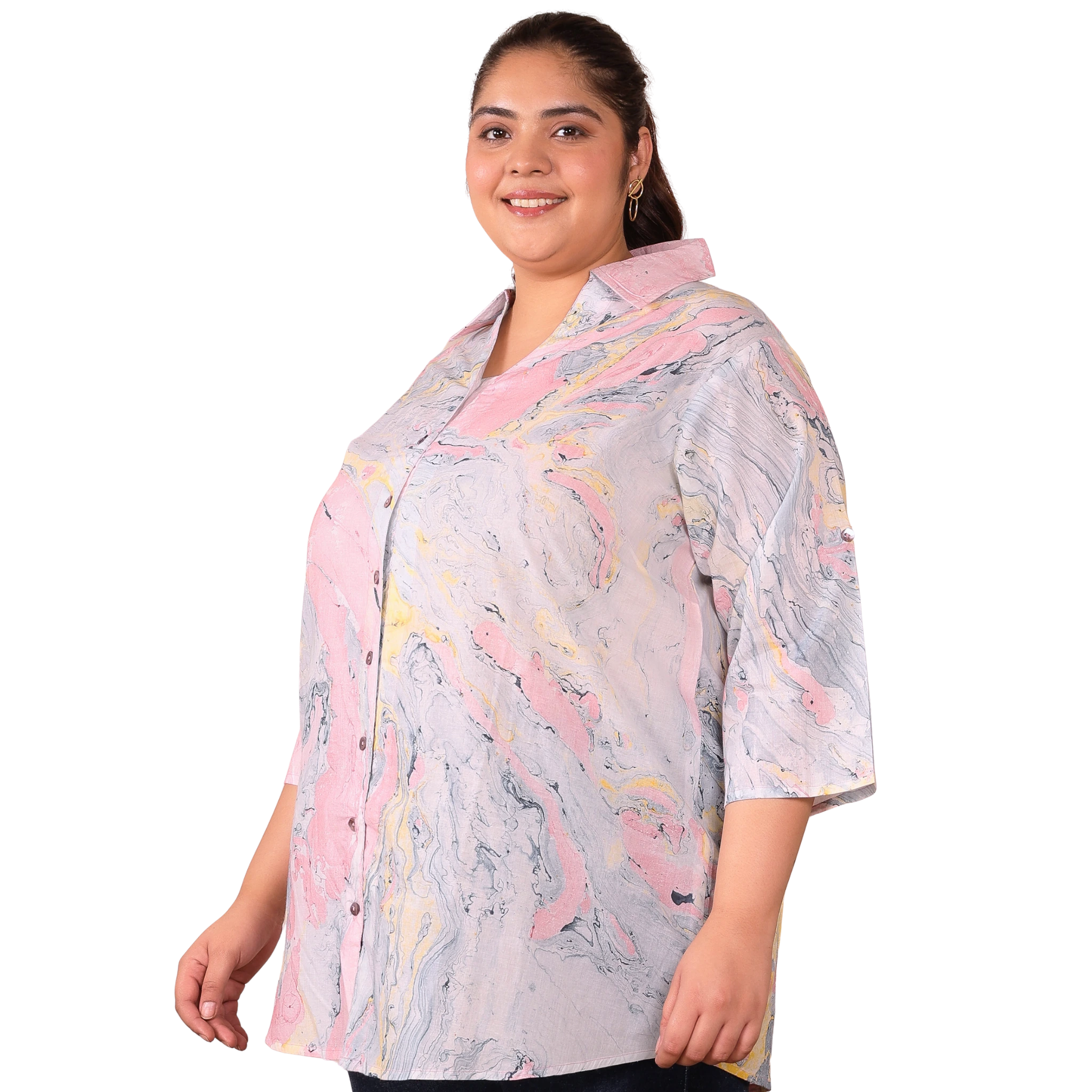 Pink Marble Print Longline Plus Size Shirt