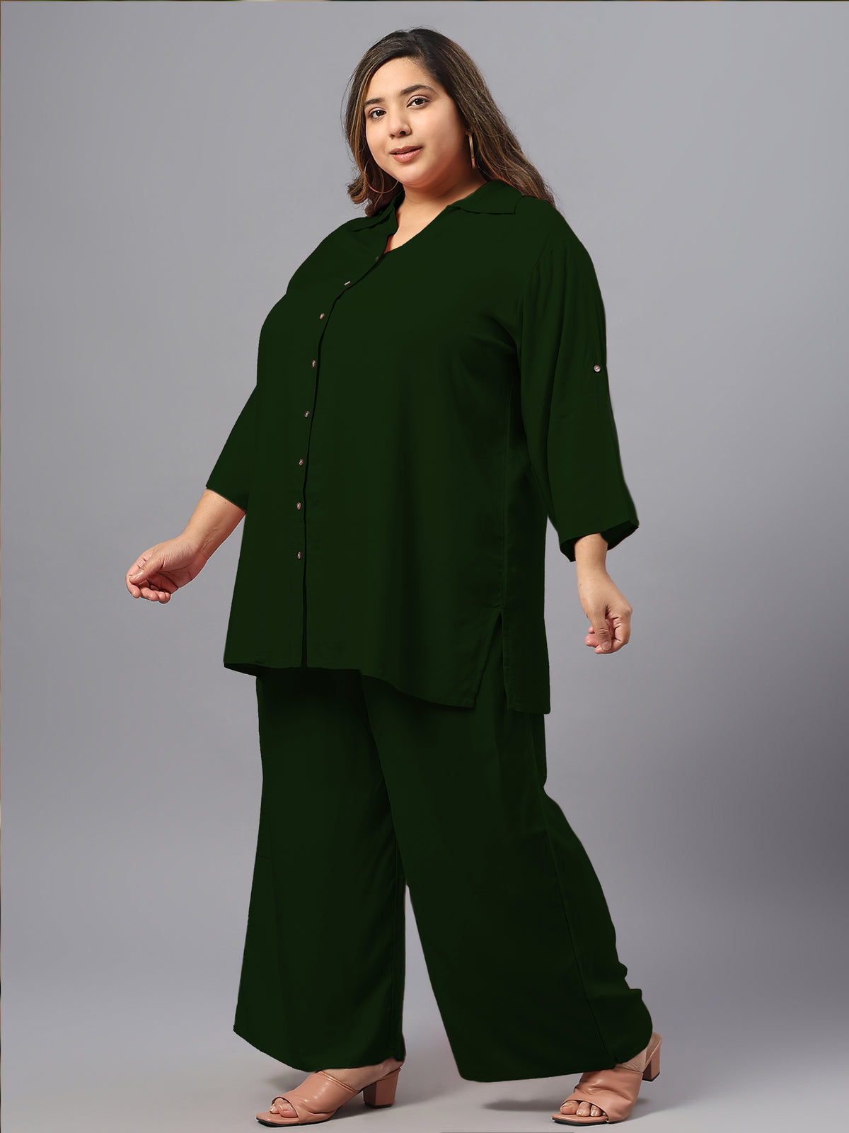 Dark Green Solid Plus Size Co-Ord Set