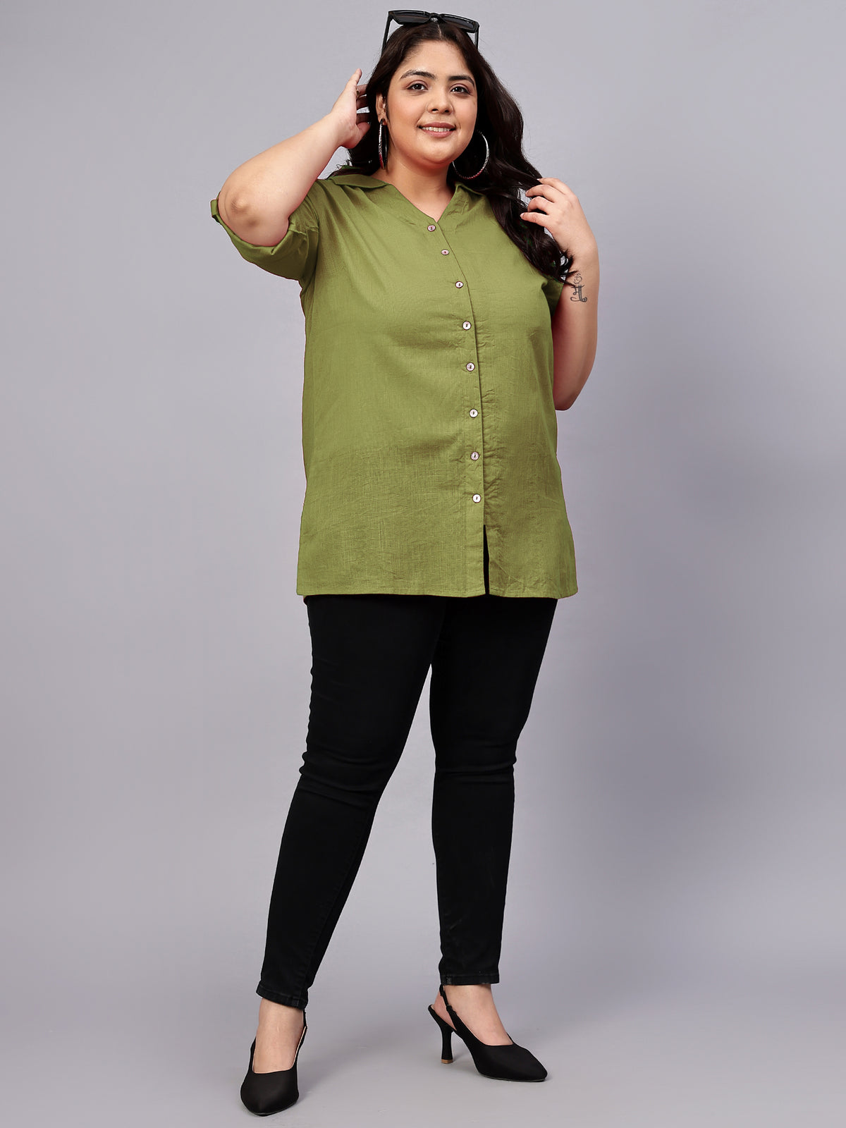 Green Cotton Longline Plus Size Shirt