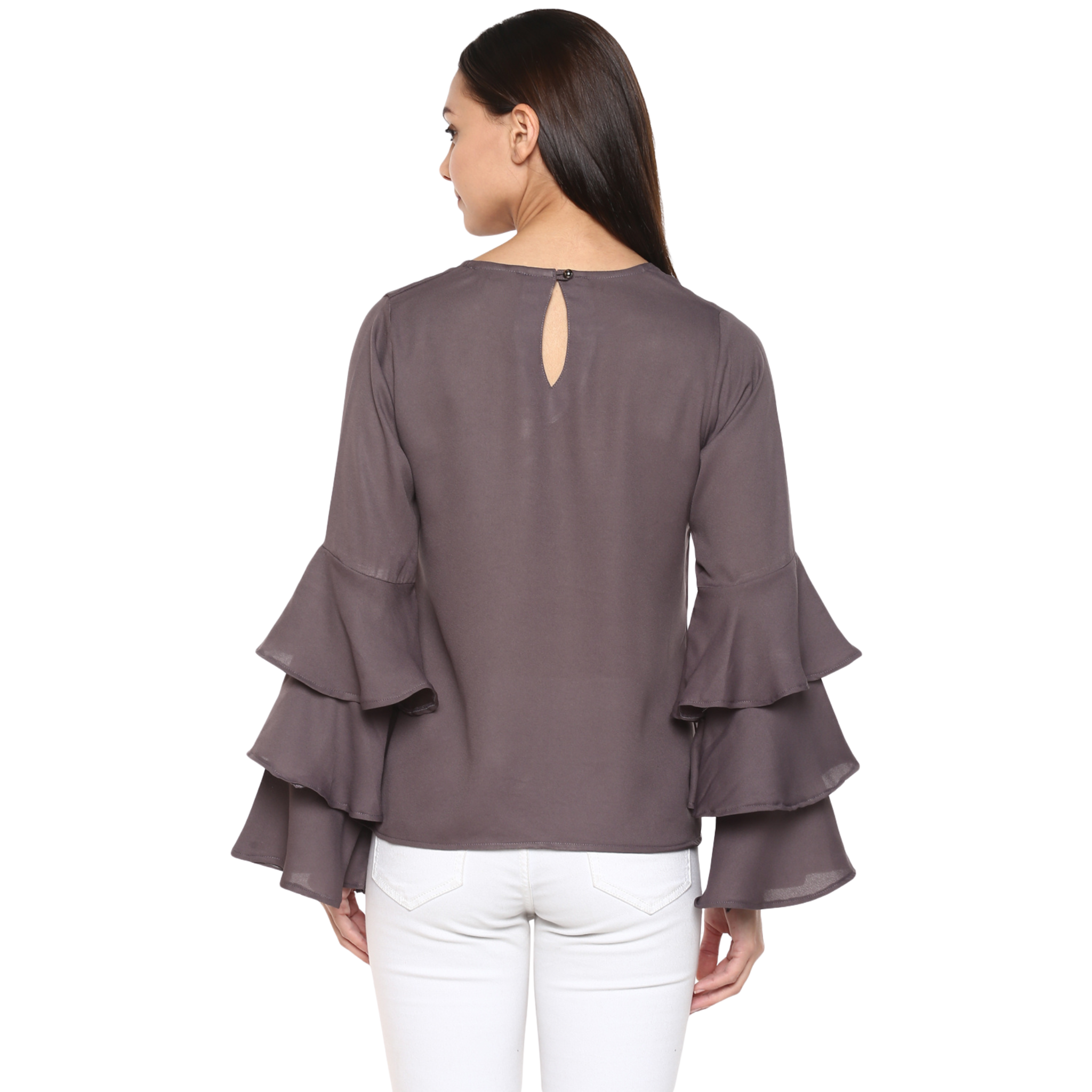 Grey Solid Georgette Bell Sleeves Tops