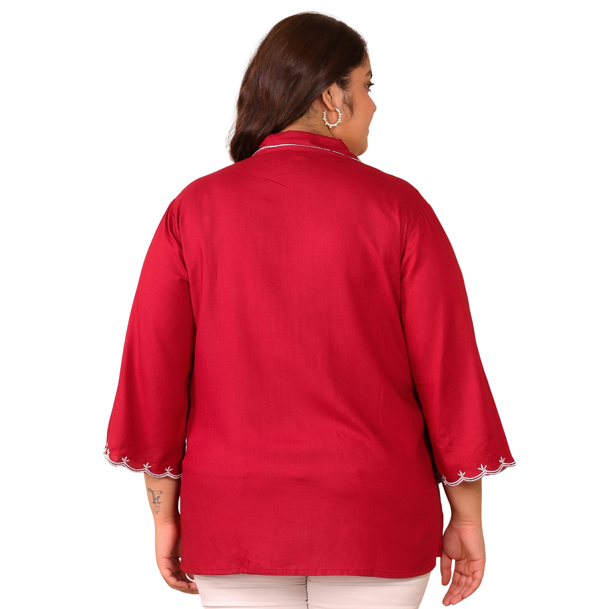Red Rayon Collar Embroidered Tunic