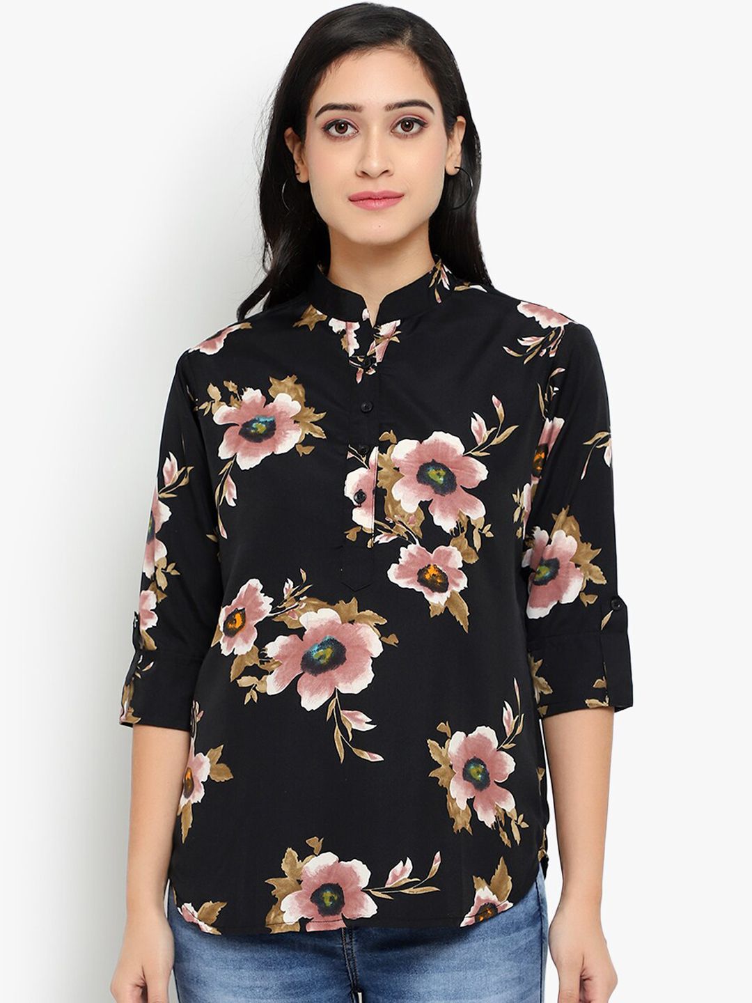 Black Floral Print Plus Size Tunic — view 1