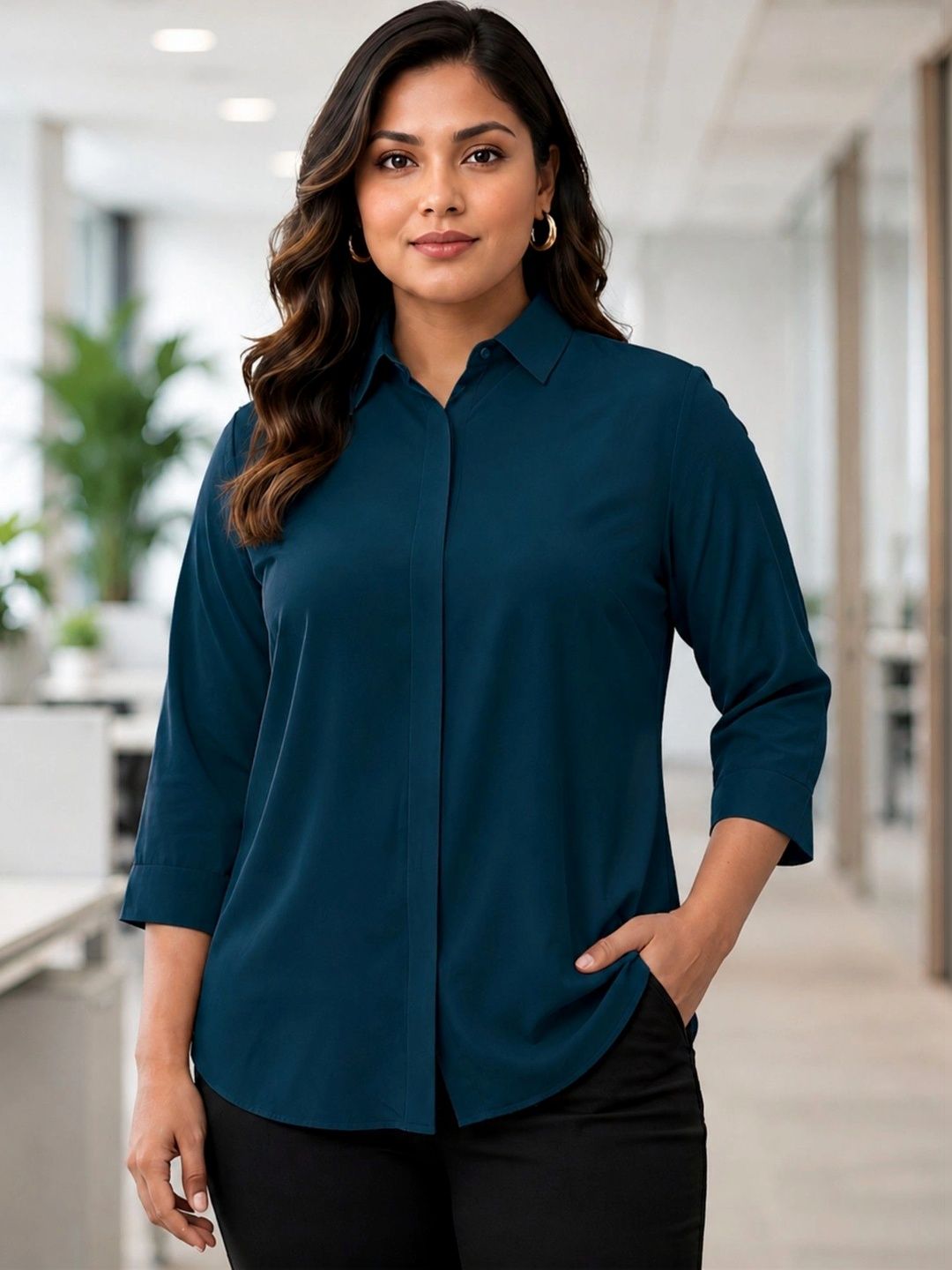 Peacock Blue Rayon Concealed Plus Size Tunic — view 1