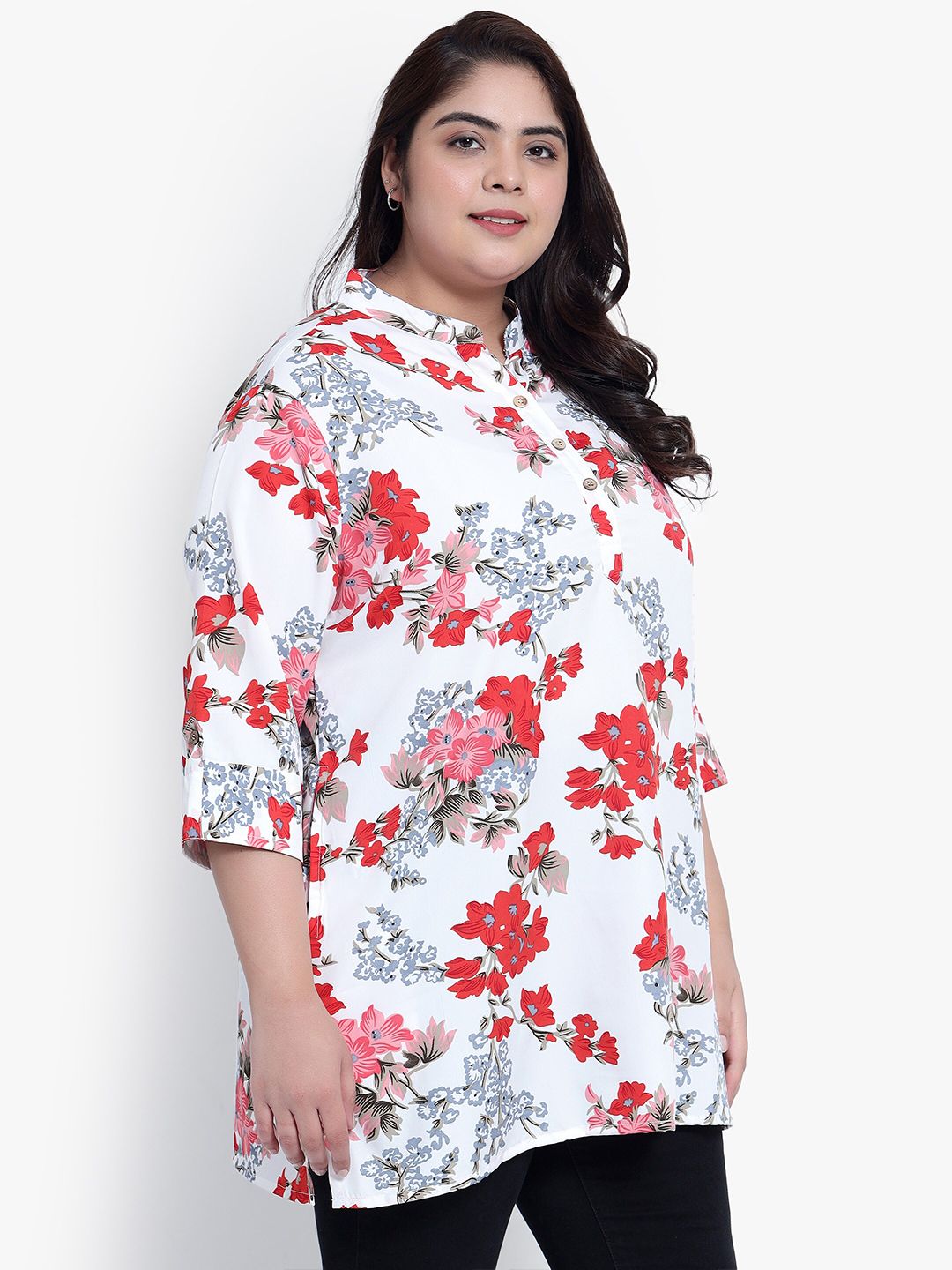 White Floral Print Plus Size Tunic — view 3