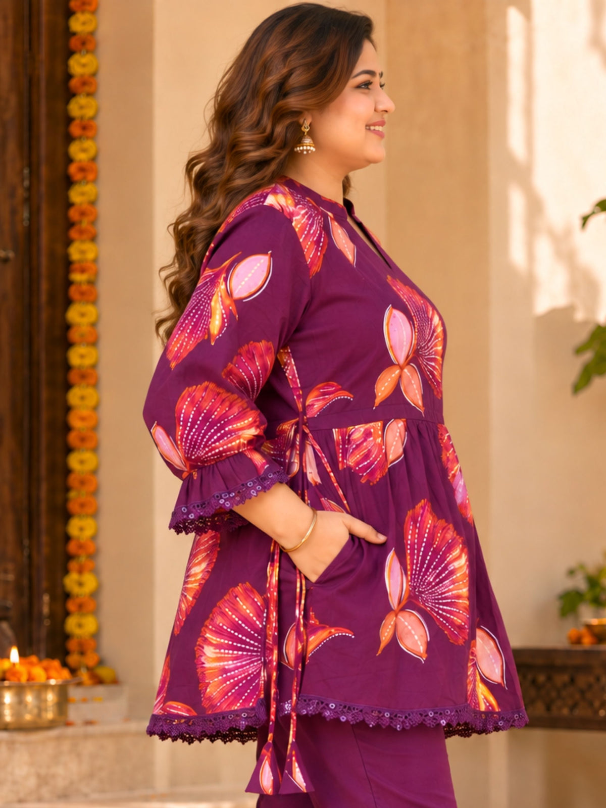 Purple Motif Print Peplum Lace Tunic