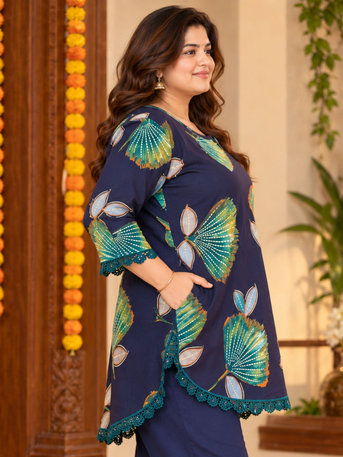 Blue Motif Print Lace Tunic