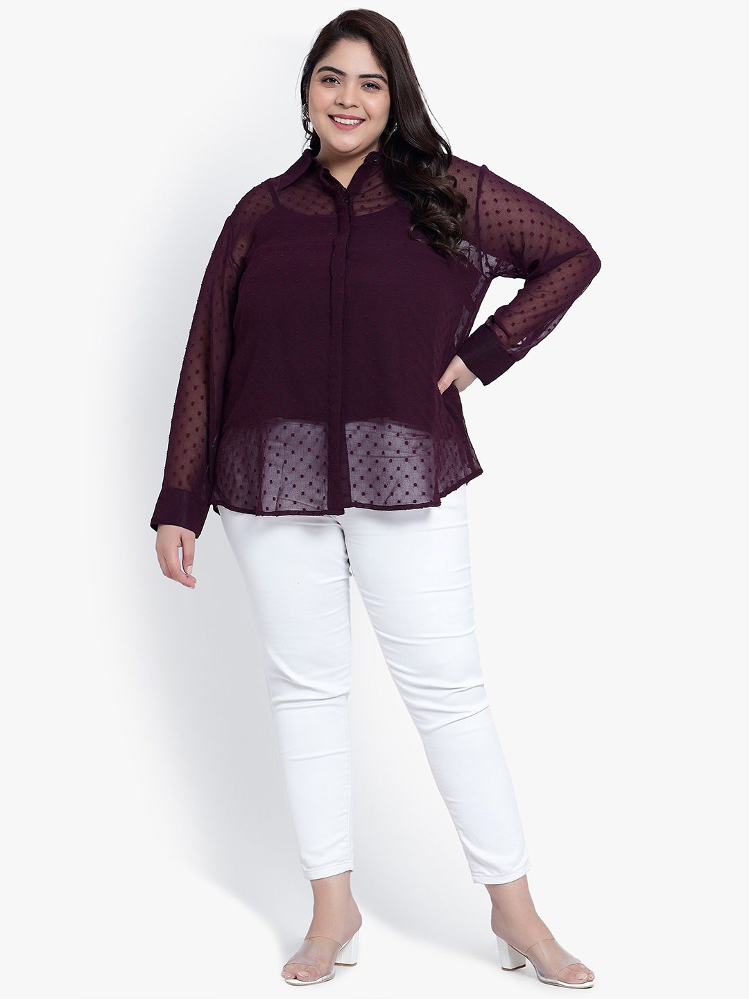 Purple Dobby Sheer Plus Size Shirt with Slip — view 6