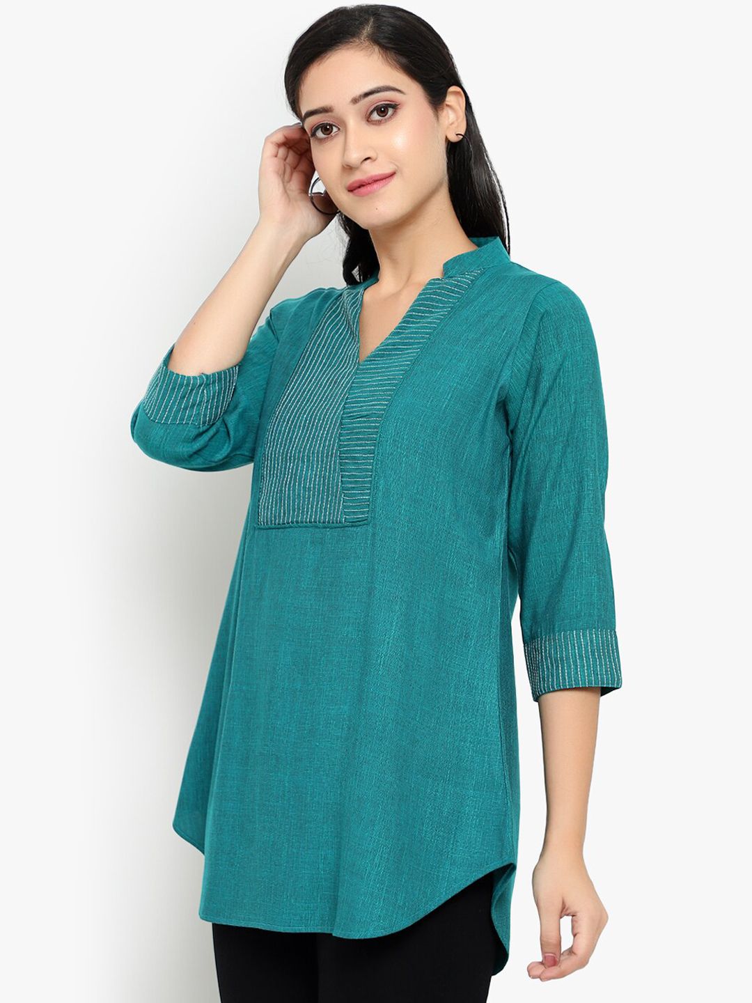 Turquoise Solid Embroidered Tunic — view 3