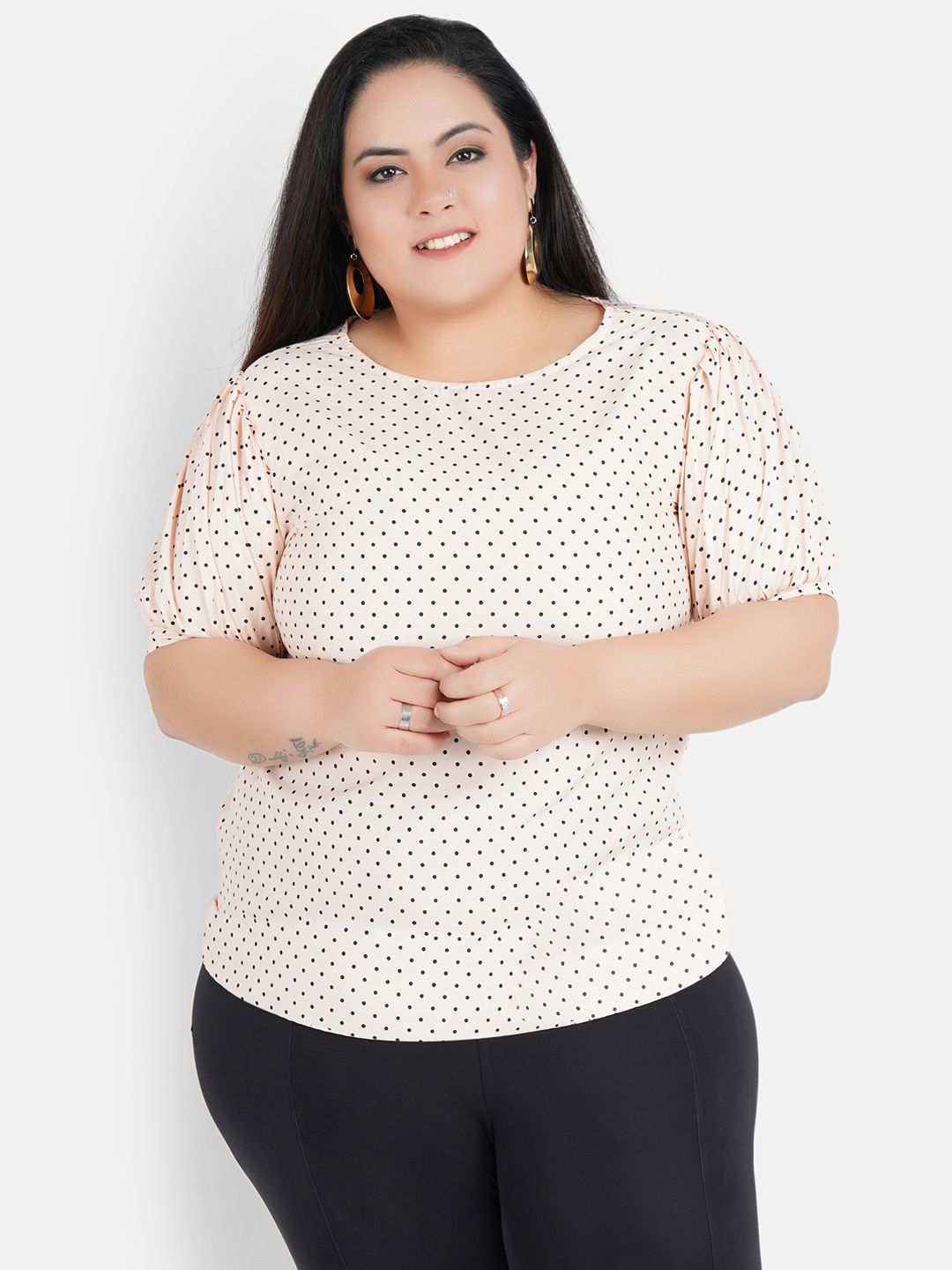 Peach Polka Dot Puff Sleeve Top — view 1