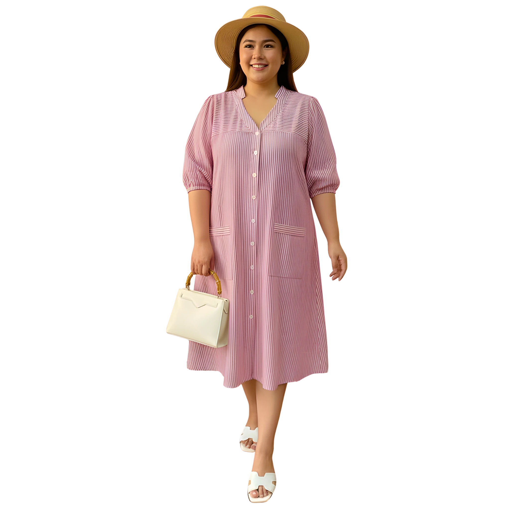 Pink Stripe Print Linen Midi Dress