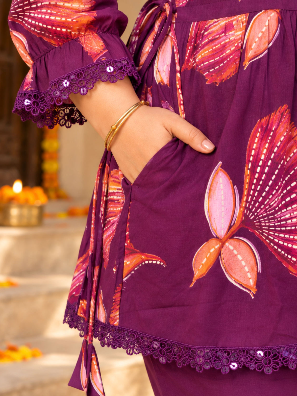 Purple Motif Print Peplum Lace Tunic